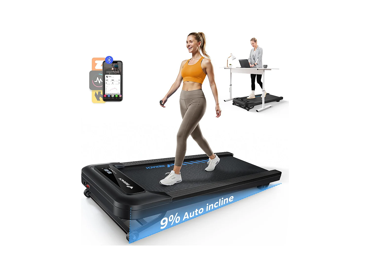 Tapis de marche MERACH, 9 niveaux, 9% Inclinaison, 2,25 CV, 1-6.4 km/h, Connecté APP, Télécommande Magnétique, Ecran LCD, Silencieux