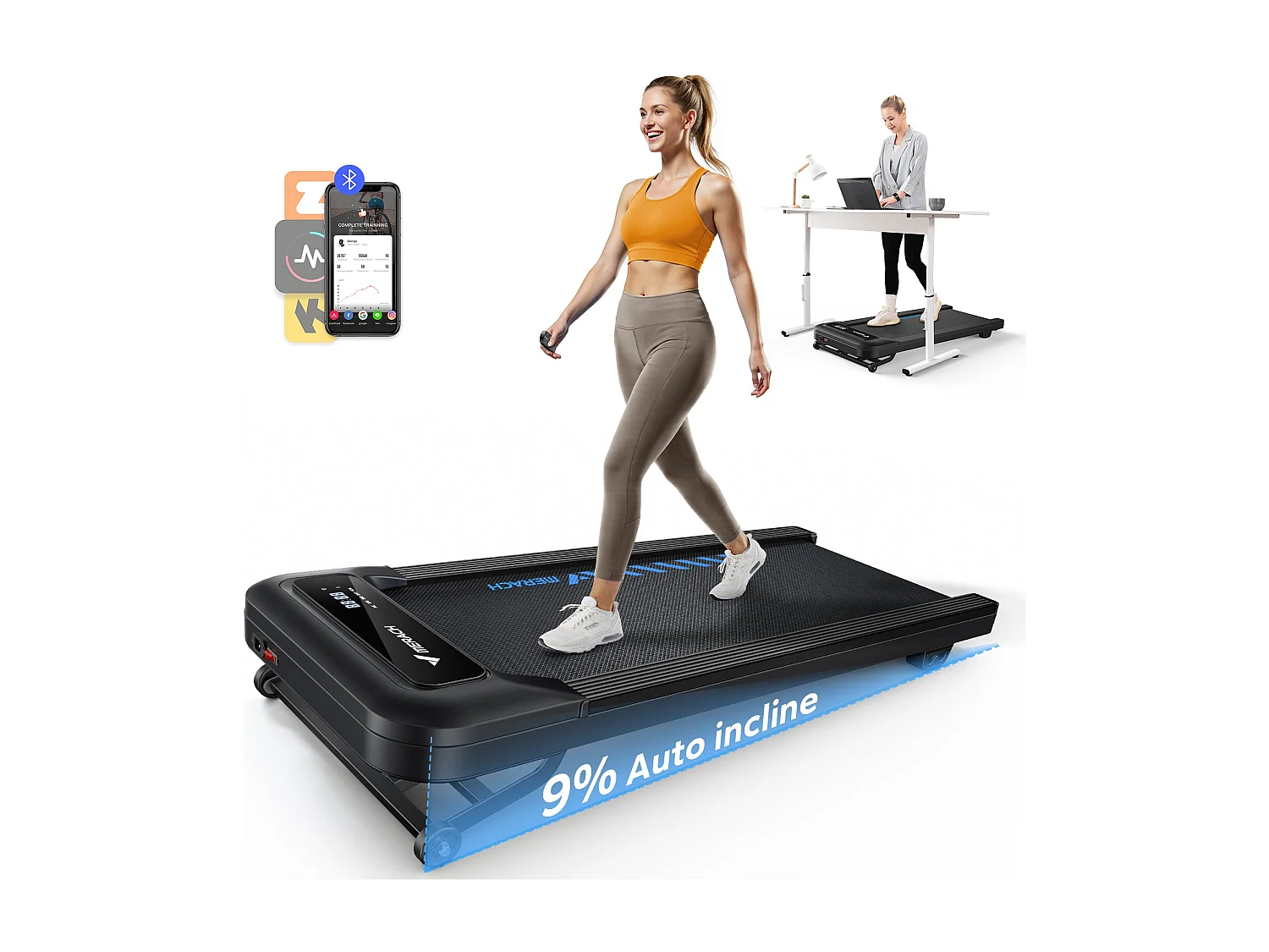 Tapis roulant MERACH, 9 livelli, inclinazione 9%, 2,25 CV, 1-6,4 km/h, app connessa, telecomando magnetico, schermo LCD, silenzioso