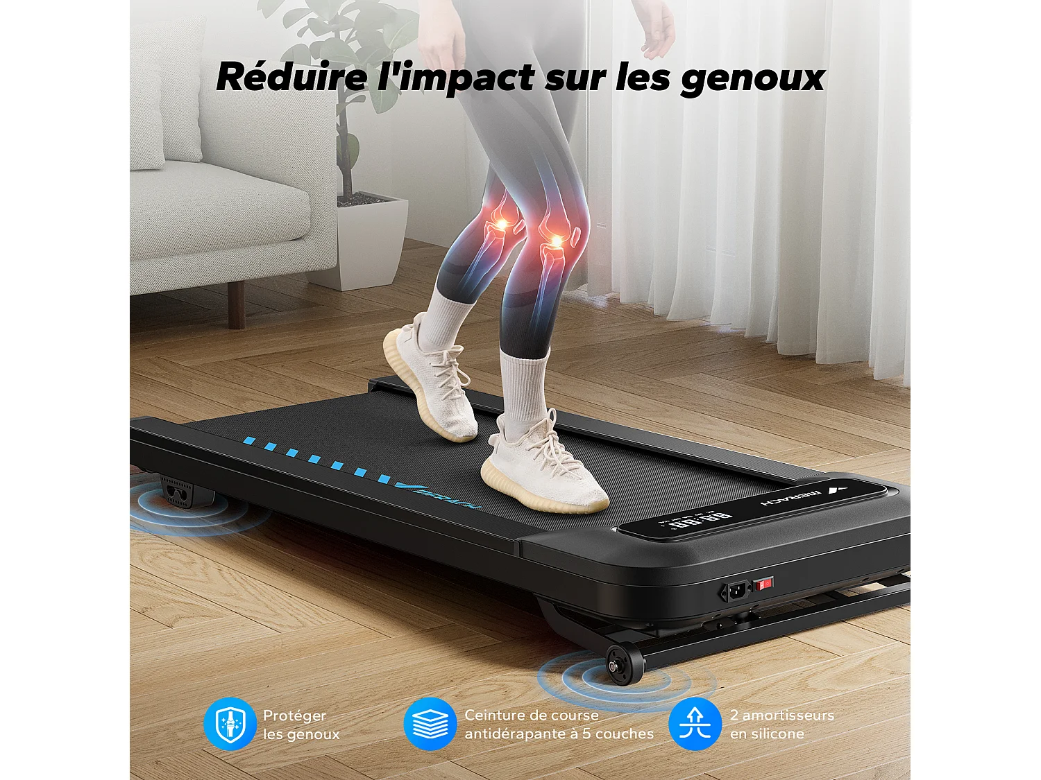 Tapis roulant MERACH, 9 livelli, inclinazione 9%, 2,25 CV, 1-6,4 km/h, app connessa, telecomando magnetico, schermo LCD, silenzioso