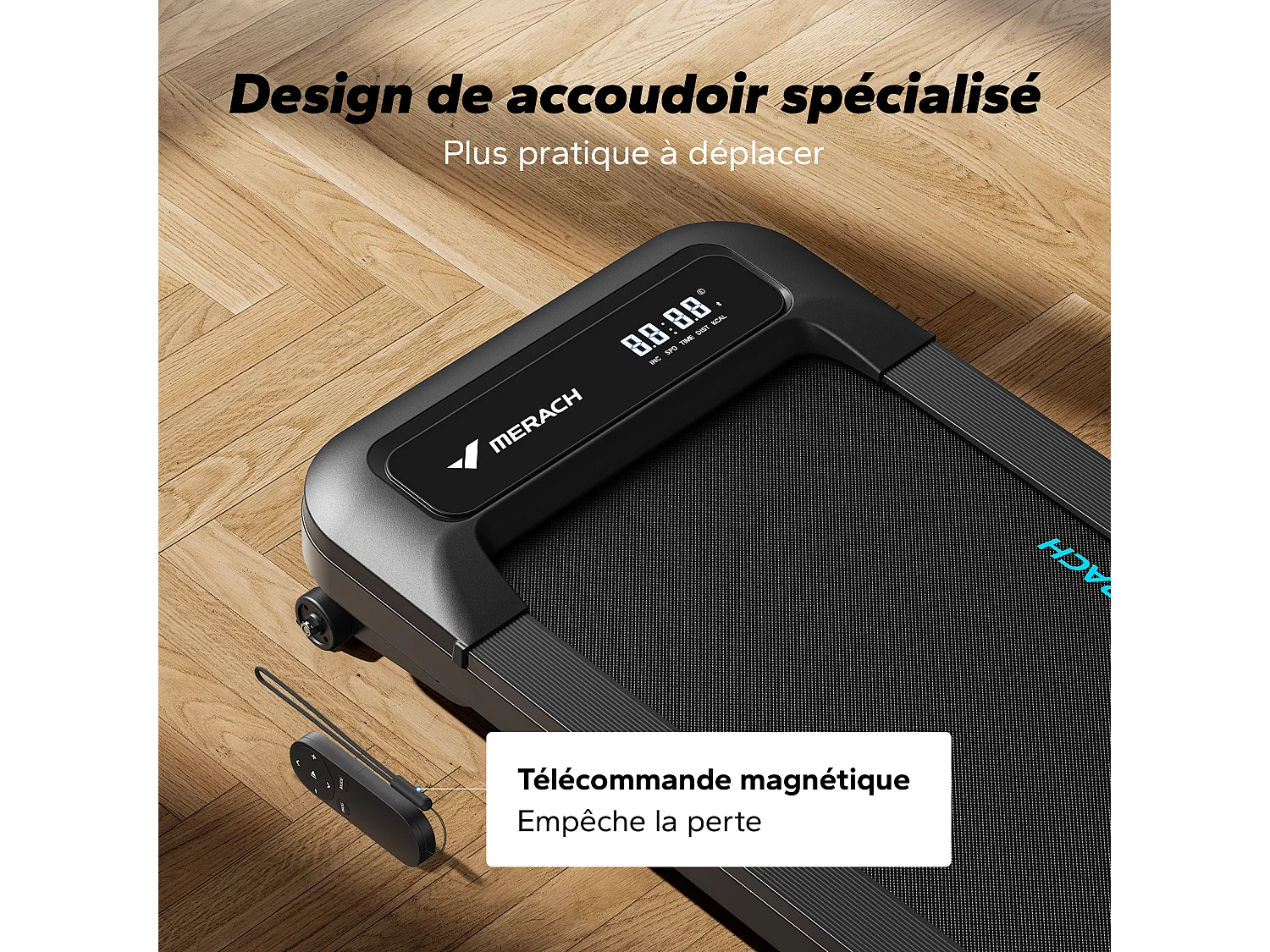 Tapis roulant MERACH, 9 livelli, inclinazione 9%, 2,25 CV, 1-6,4 km/h, app connessa, telecomando magnetico, schermo LCD, silenzioso