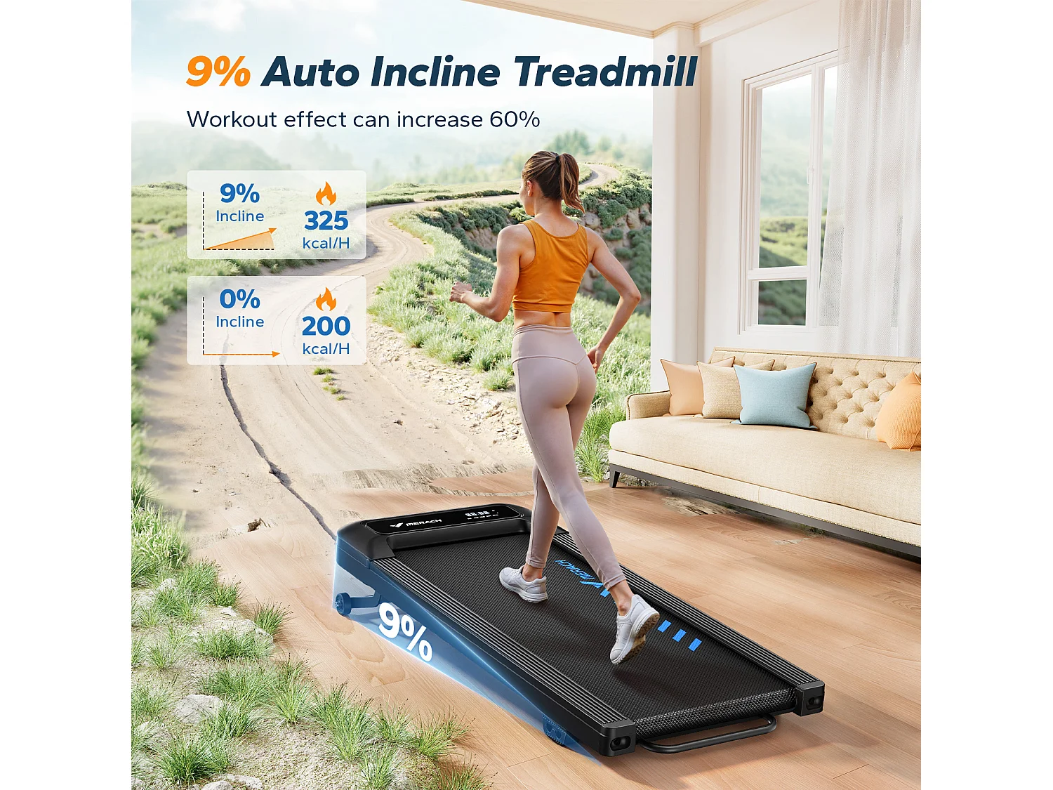 Tapis roulant MERACH, 9 livelli, inclinazione 9%, 2,25 CV, 1-6,4 km/h, app connessa, telecomando magnetico, schermo LCD, silenzioso