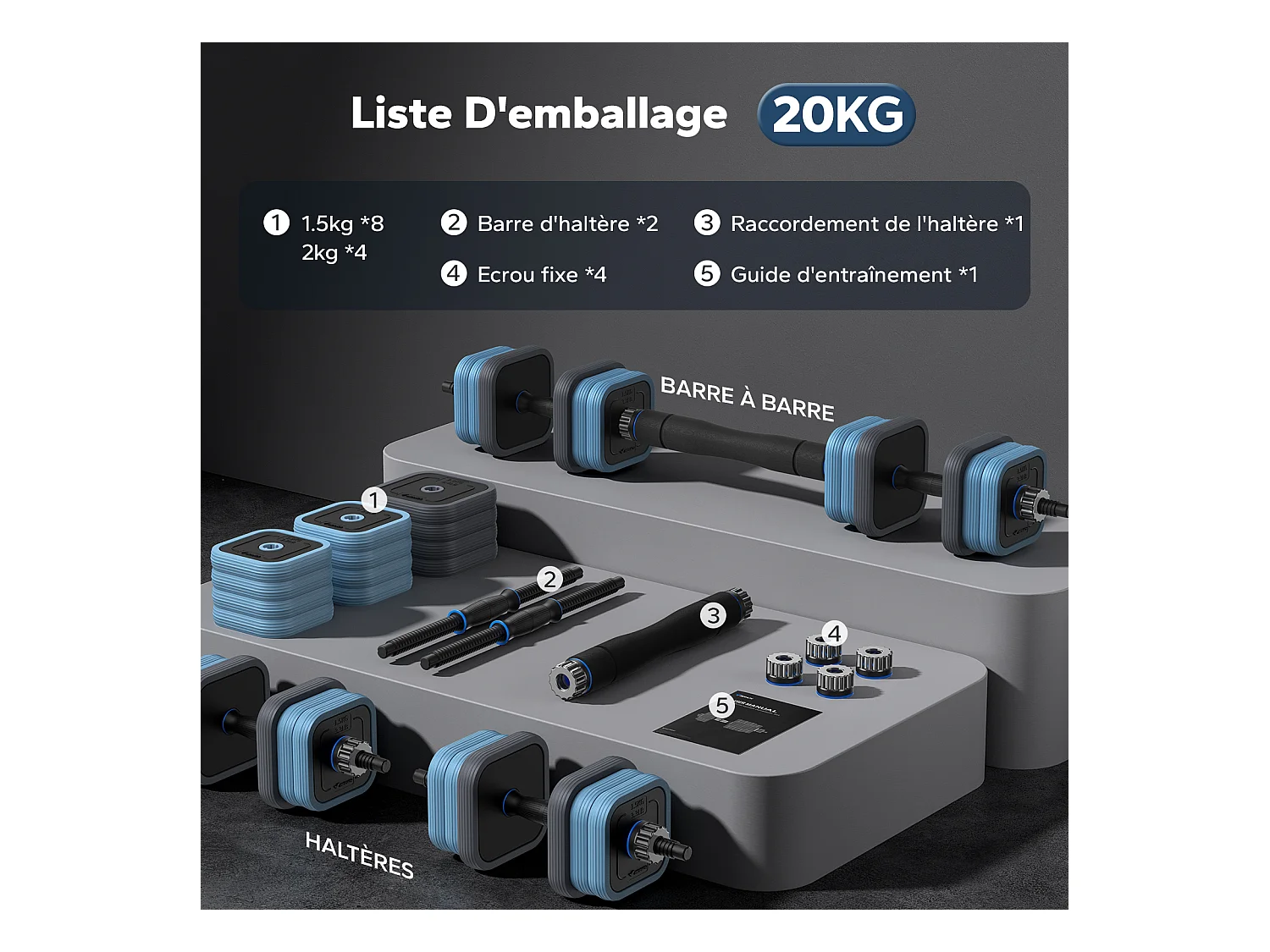 Haltères Réglables MERACH, 3 en 1 avec Barres Connectées, 20KG, Idéal pour Fitness et Musculation à Domicile ou en Salle De Sport