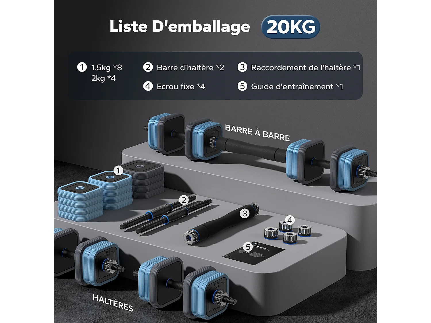 MERACH Dumbbells - 3 in 1 Hantelset - Verstelbare Gewichten - 20KG - Robuuste Grip - Voor Thuisfitness - Krachttraining - Robuust & Compact - Voor Mannen & Vrouwen