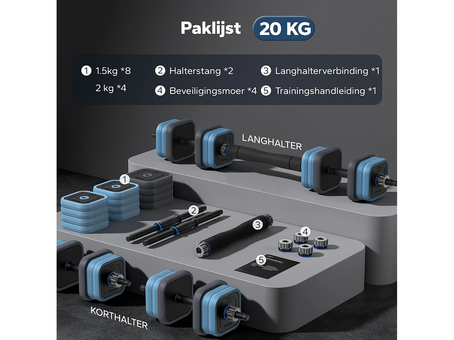 MERACH Dumbbells - 3 in 1 Hantelset - Verstelbare Gewichten - 20KG - Robuuste Grip - Voor Thuisfitness - Krachttraining - Robuust & Compact - Voor Mannen & Vrouwen