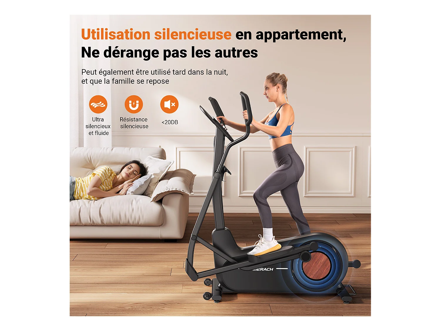 Vélo Elliptique Magnétique MERACH, 16 niveaux de résistance, 47 cmde Foulée, Molette de Réglage, Auto-Alimenté, Charge Max 181 kg