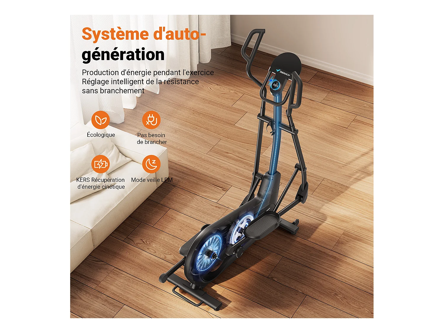 Vélo Elliptique Magnétique MERACH, 16 niveaux de résistance, 47 cmde Foulée, Molette de Réglage, Auto-Alimenté, Charge Max 181 kg