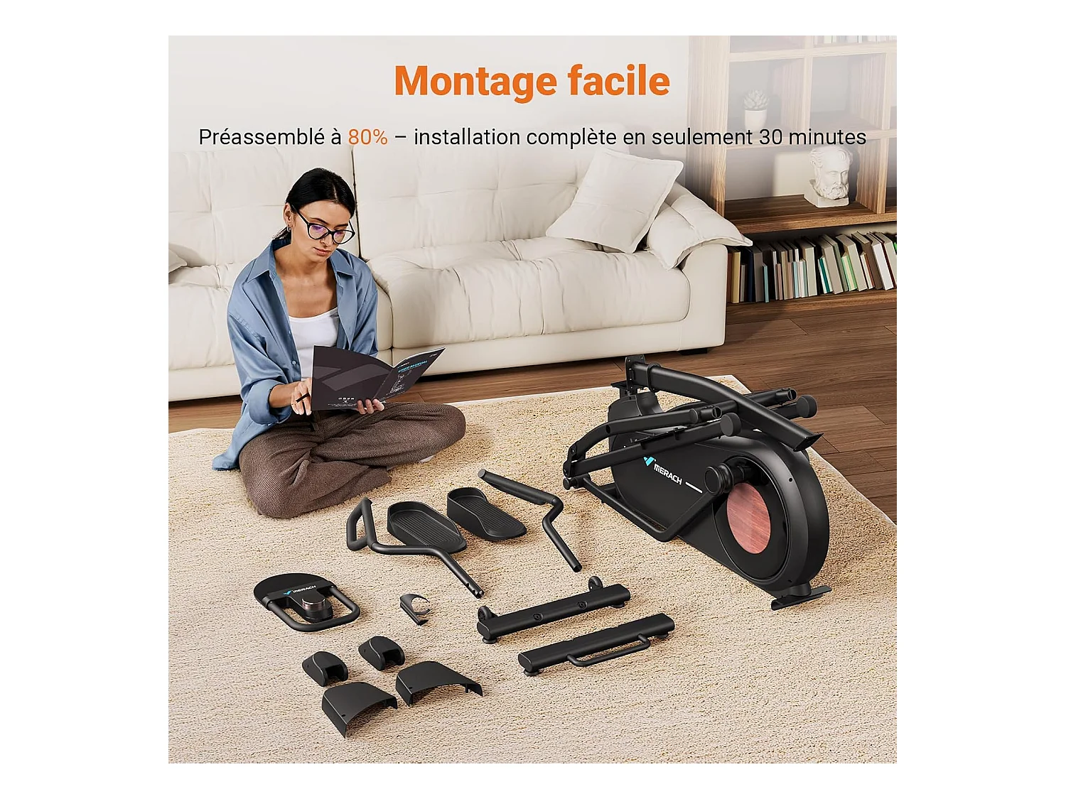 Vélo Elliptique Magnétique MERACH, 16 niveaux de résistance, 47 cmde Foulée, Molette de Réglage, Auto-Alimenté, Charge Max 181 kg