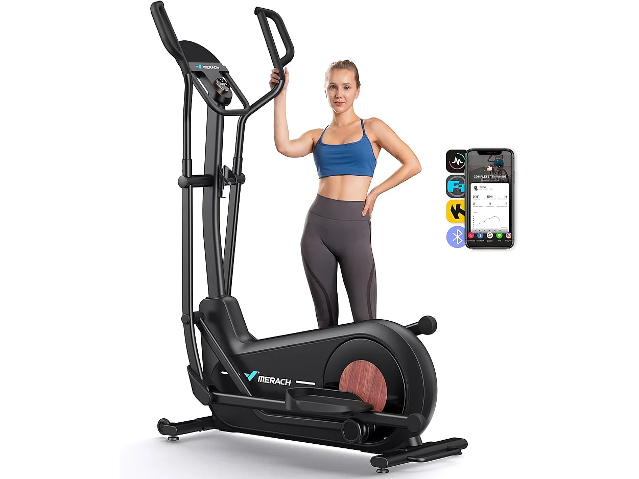 Vélo Elliptique Magnétique MERACH, 16 niveaux de résistance, 47 cmde Foulée, Molette de Réglage, Auto-Alimenté, Charge Max 181 kg