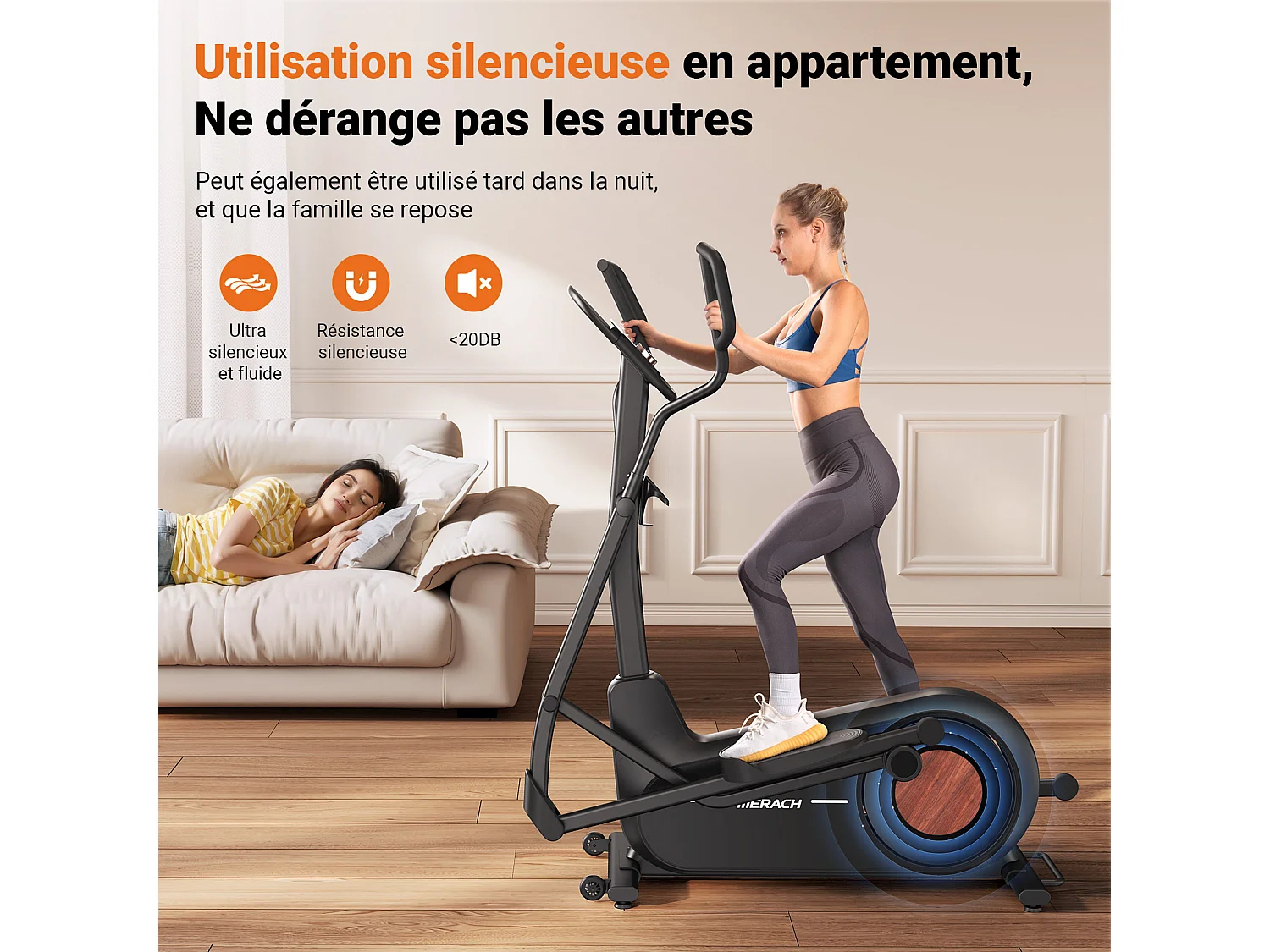 Vélo Elliptique Magnétique MERACH, 16 niveaux de résistance, 47 cmde Foulée, Molette de Réglage, Auto-Alimenté, Charge Max 181 kg