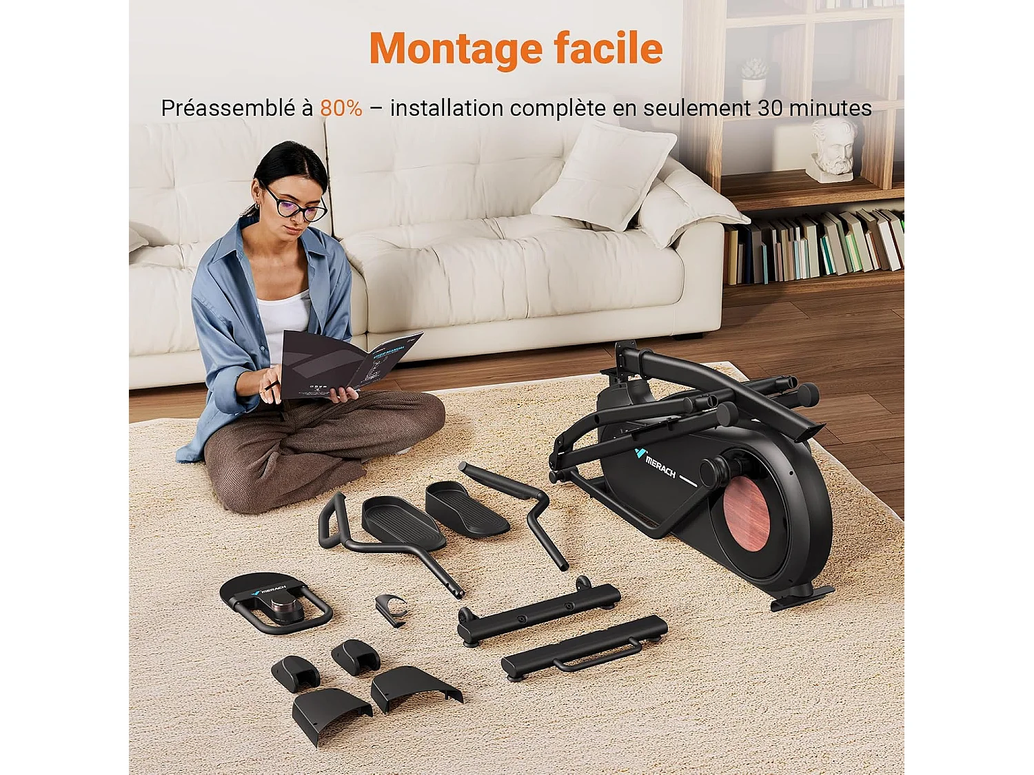 Vélo Elliptique Magnétique MERACH, 16 niveaux de résistance, 47 cmde Foulée, Molette de Réglage, Auto-Alimenté, Charge Max 181 kg