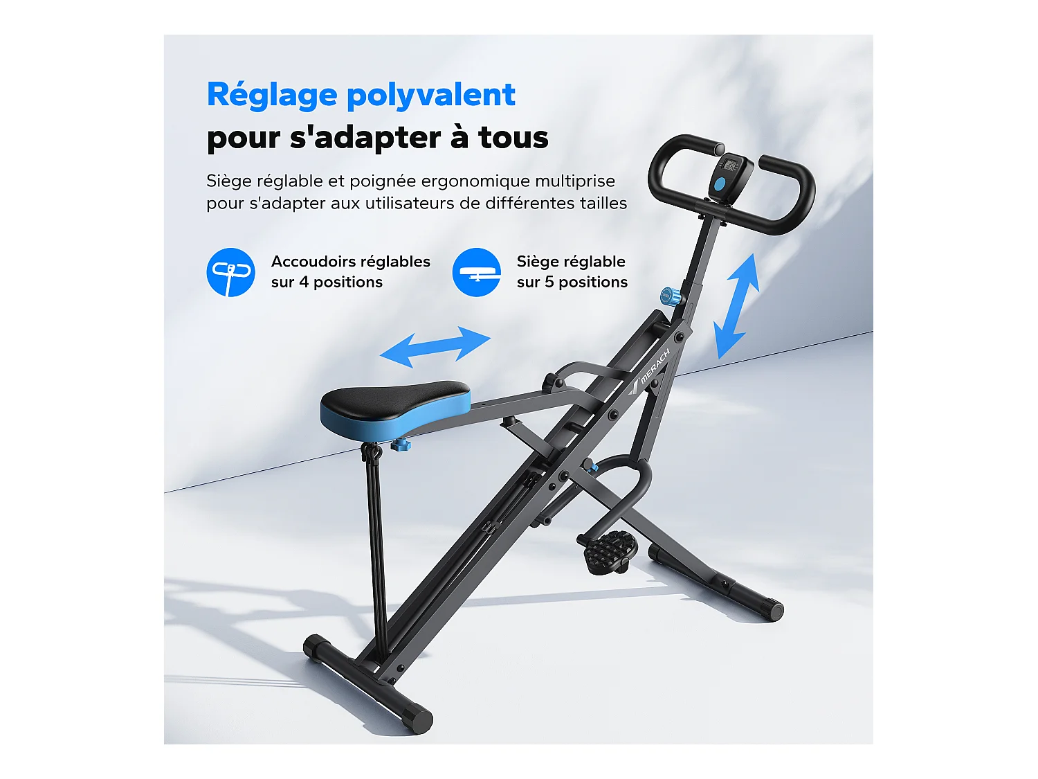 Appareil de Fitness MERACH, Type Équitation, Résistance Réglable, Pliable, 160 kg, Écran LCD, Pour Abdos/Jambes/Dos, Gris