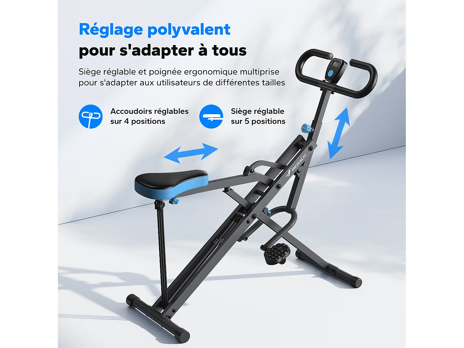 Appareil de Fitness MERACH, Type Équitation, Résistance Réglable, Pliable, 160 kg, Écran LCD, Pour Abdos/Jambes/Dos, Gris