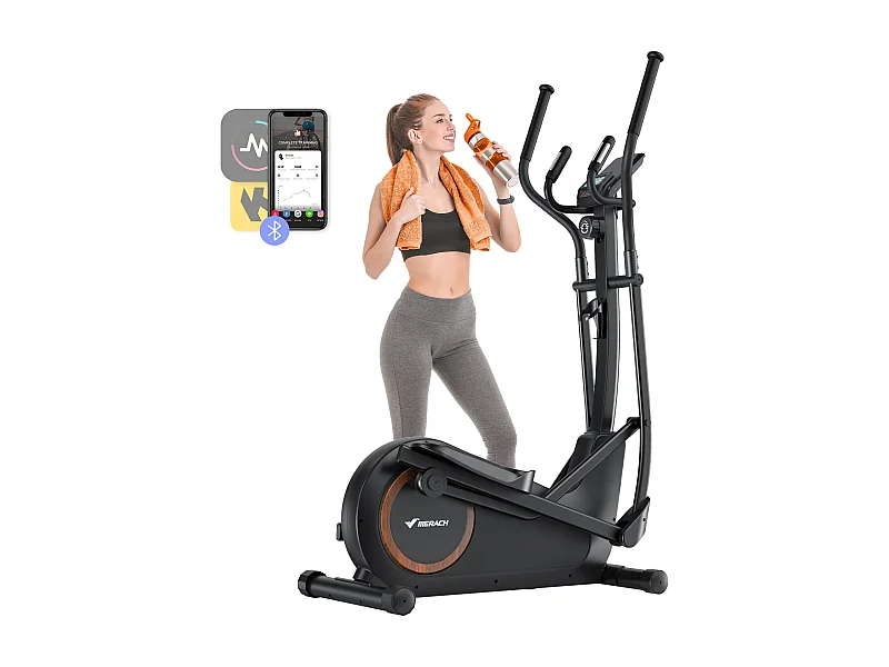 Vélo elliptique magnétique MERACH, 16 niveaux, foulée 42 cm, 150 kg max, écran LCD, capteur cardio, support tablette & gourde