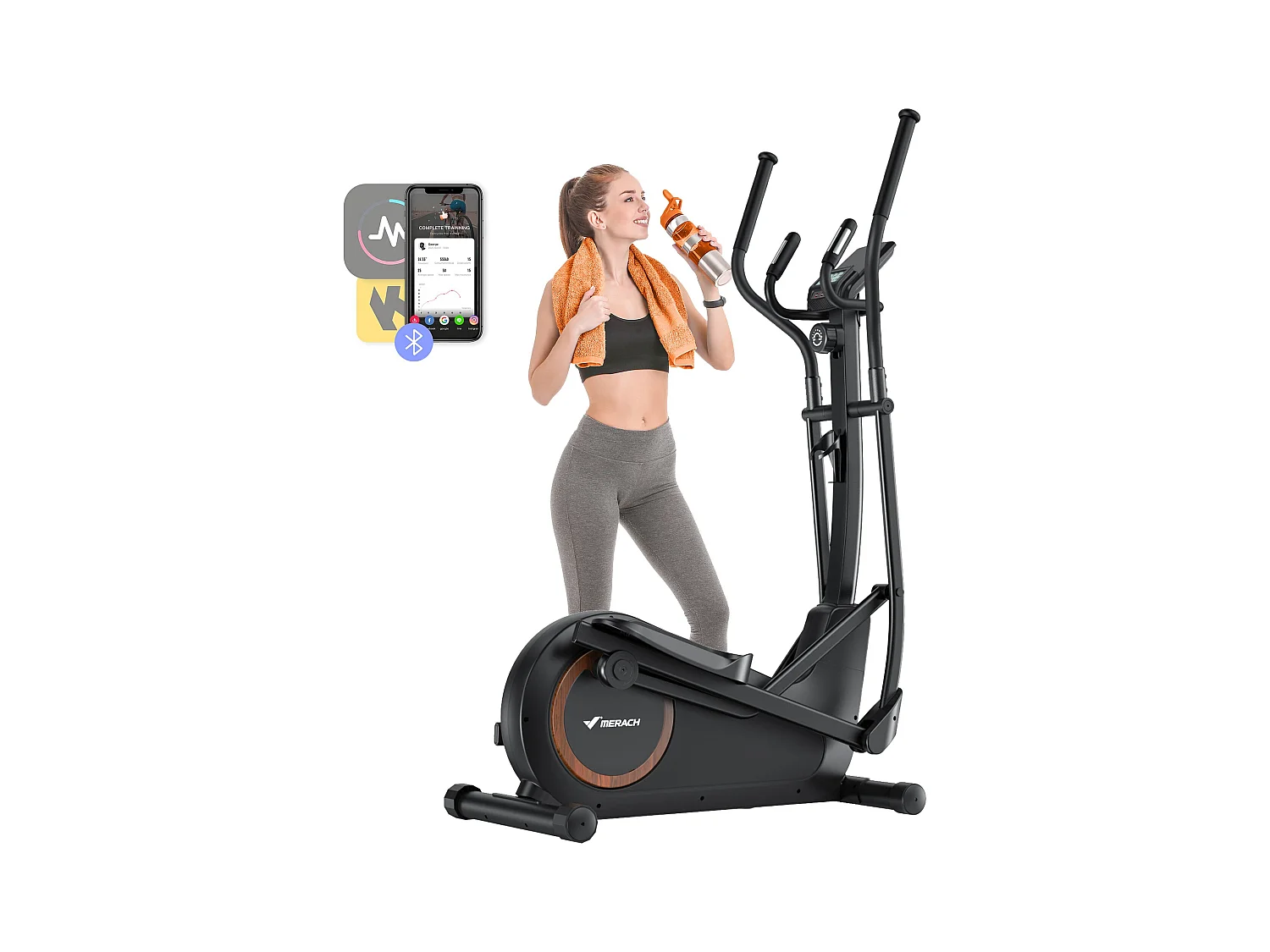 Vélo elliptique magnétique MERACH, 16 niveaux, foulée 42 cm, 150 kg max, écran LCD, capteur cardio, support tablette & gourde