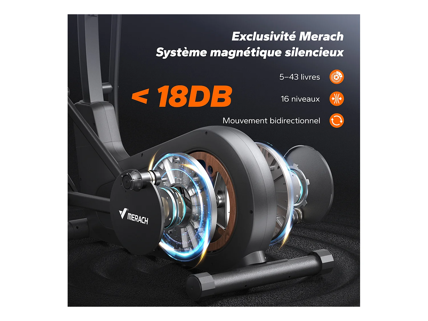 Vélo elliptique magnétique MERACH, 16 niveaux, foulée 42 cm, 150 kg max, écran LCD, capteur cardio, support tablette & gourde
