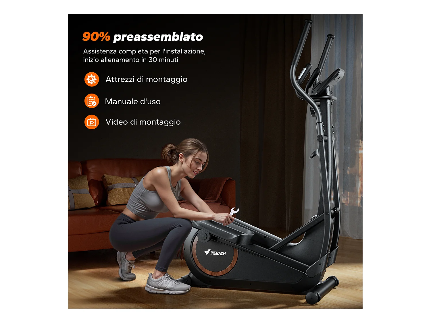 Vélo elliptique magnétique MERACH, 16 niveaux, foulée 42 cm, 150 kg max, écran LCD, capteur cardio, support tablette & gourde