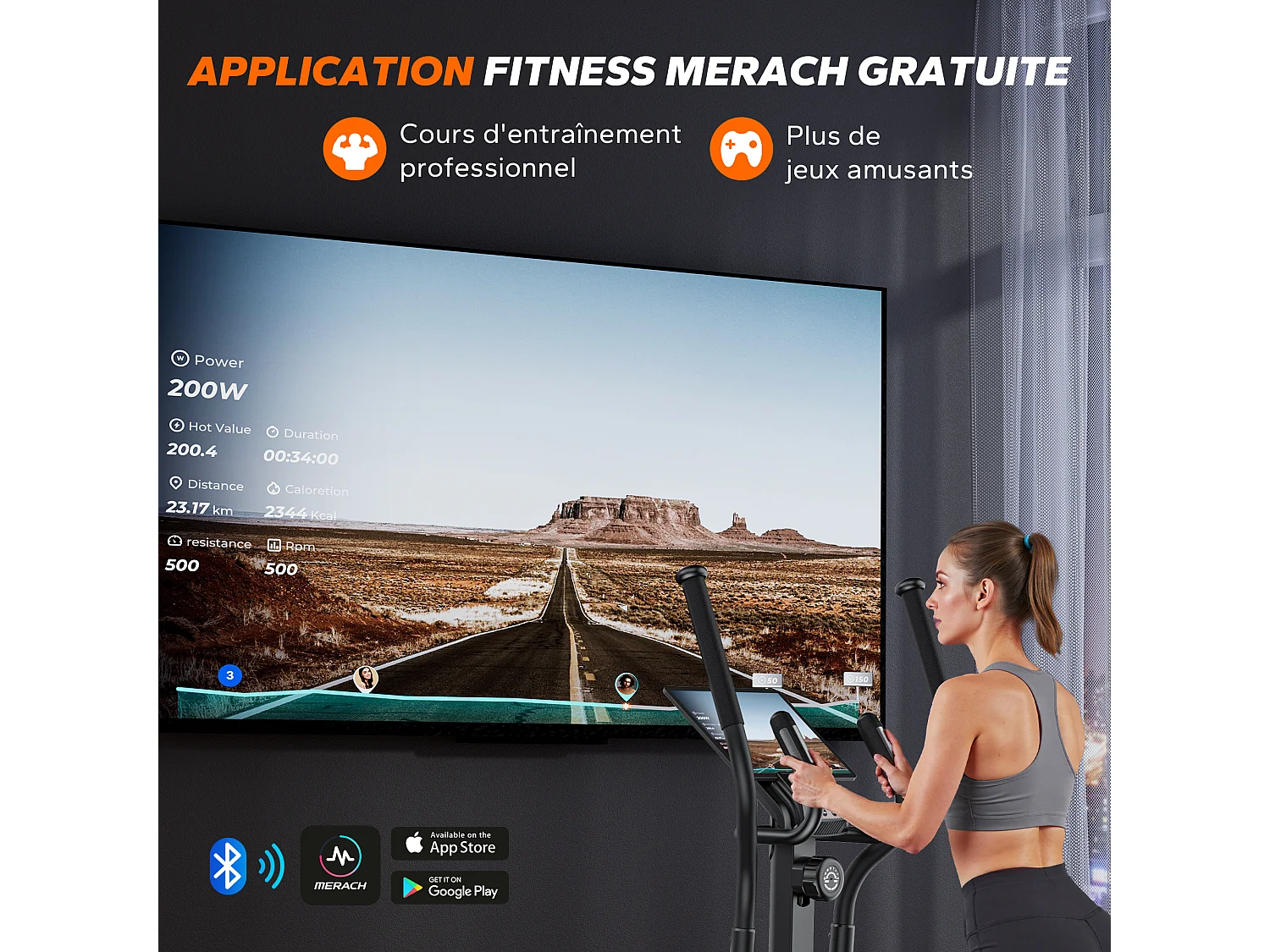 Cyclette ellittica magnetica MERACH, 16 livelli, passo 42 cm, max 150 kg, schermo LCD, sensore cardio, supporto tablet & borraccia