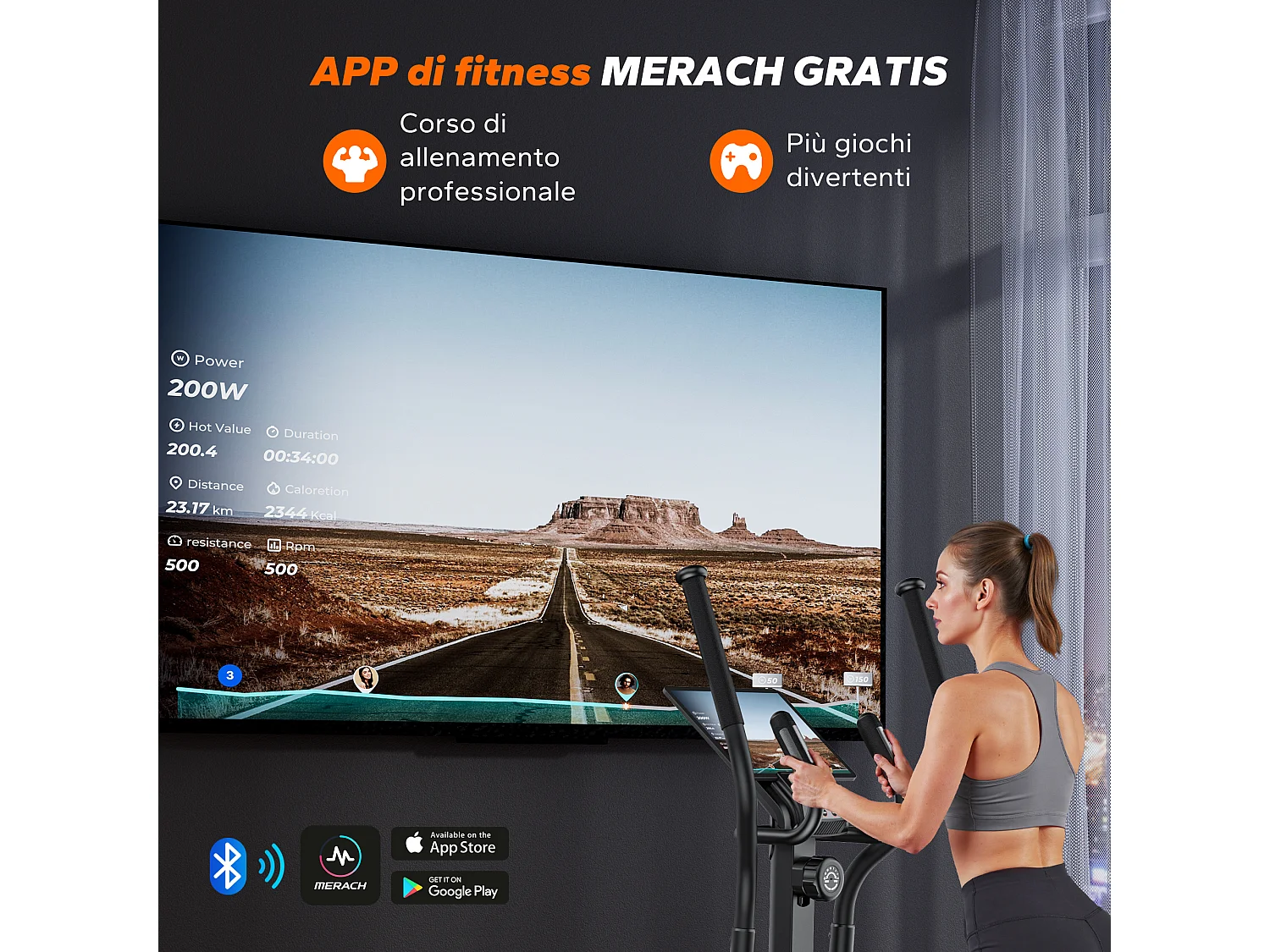 Cyclette ellittica magnetica MERACH, 16 livelli, passo 42 cm, max 150 kg, schermo LCD, sensore cardio, supporto tablet & borraccia