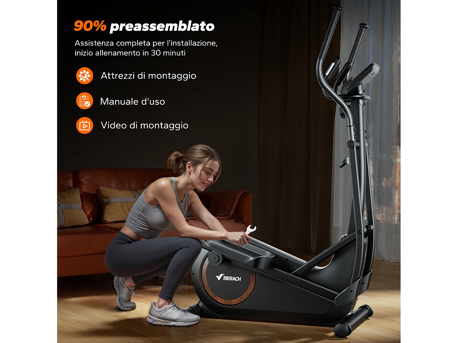Cyclette ellittica magnetica MERACH, 16 livelli, passo 42 cm, max 150 kg, schermo LCD, sensore cardio, supporto tablet & borraccia