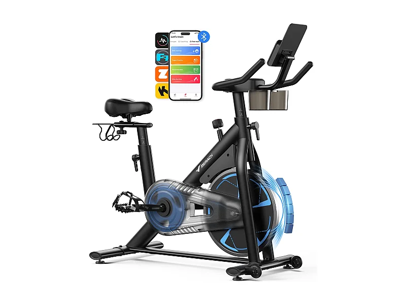 Vélo d'appartement magnétique MERACH, volant d'inertie 8 kg, résistance fluide 8 niveaux, APP connecté, écran LCD, charge 150 kg, silencieux