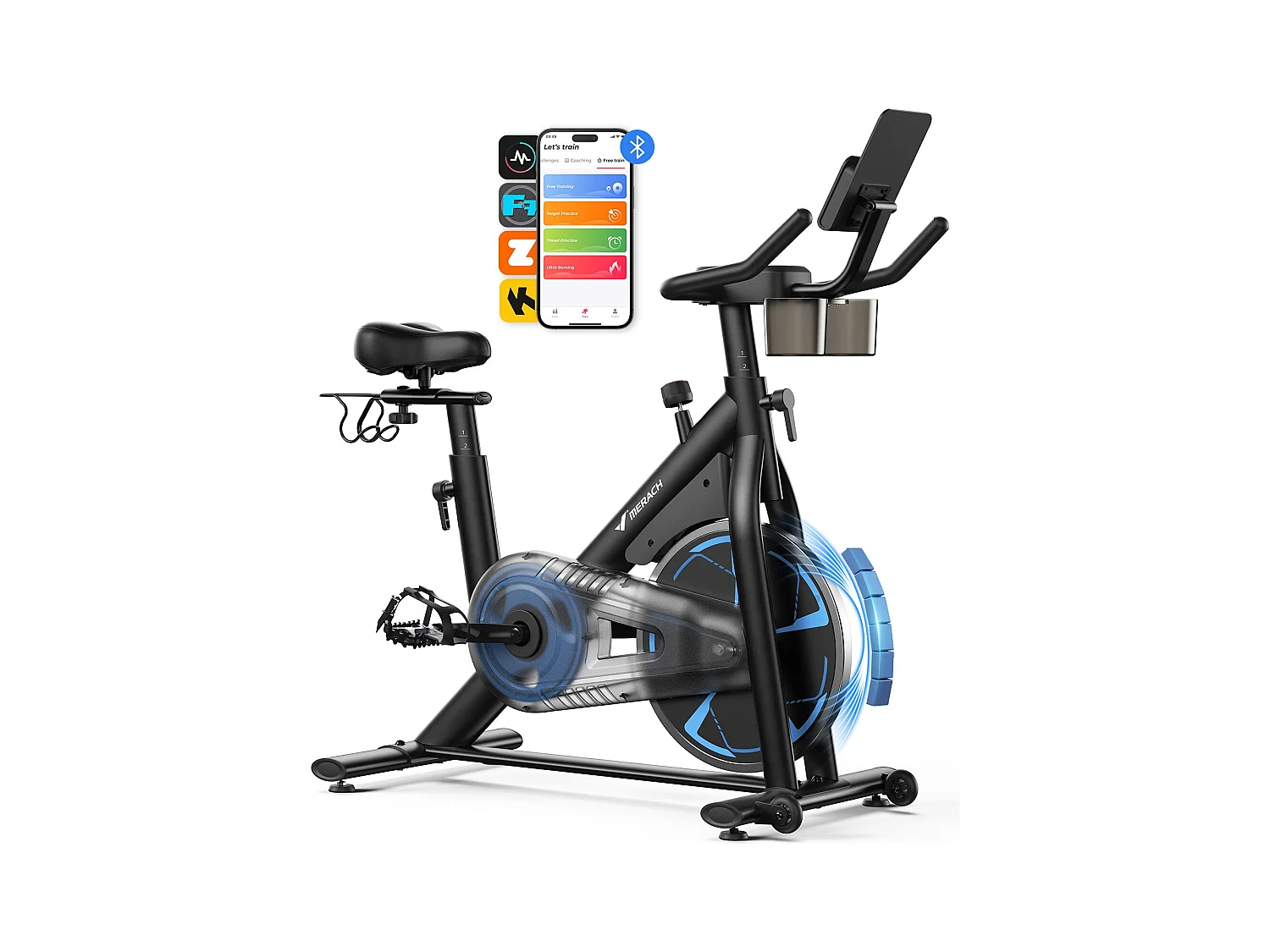 Vélo d'appartement magnétique MERACH, volant d'inertie 8 kg, résistance fluide 8 niveaux, APP connecté, écran LCD, charge 150 kg, silencieux
