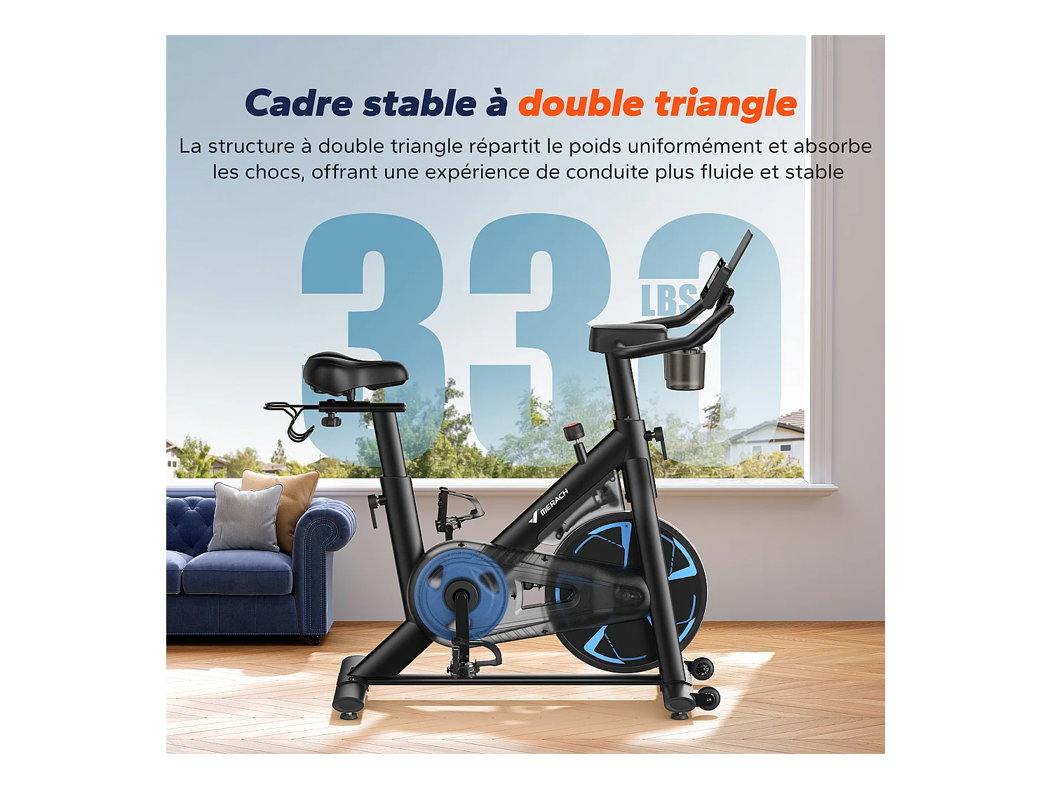 Vélo d'appartement magnétique MERACH, volant d'inertie 8 kg, résistance fluide 8 niveaux, APP connecté, écran LCD, charge 150 kg, silencieux