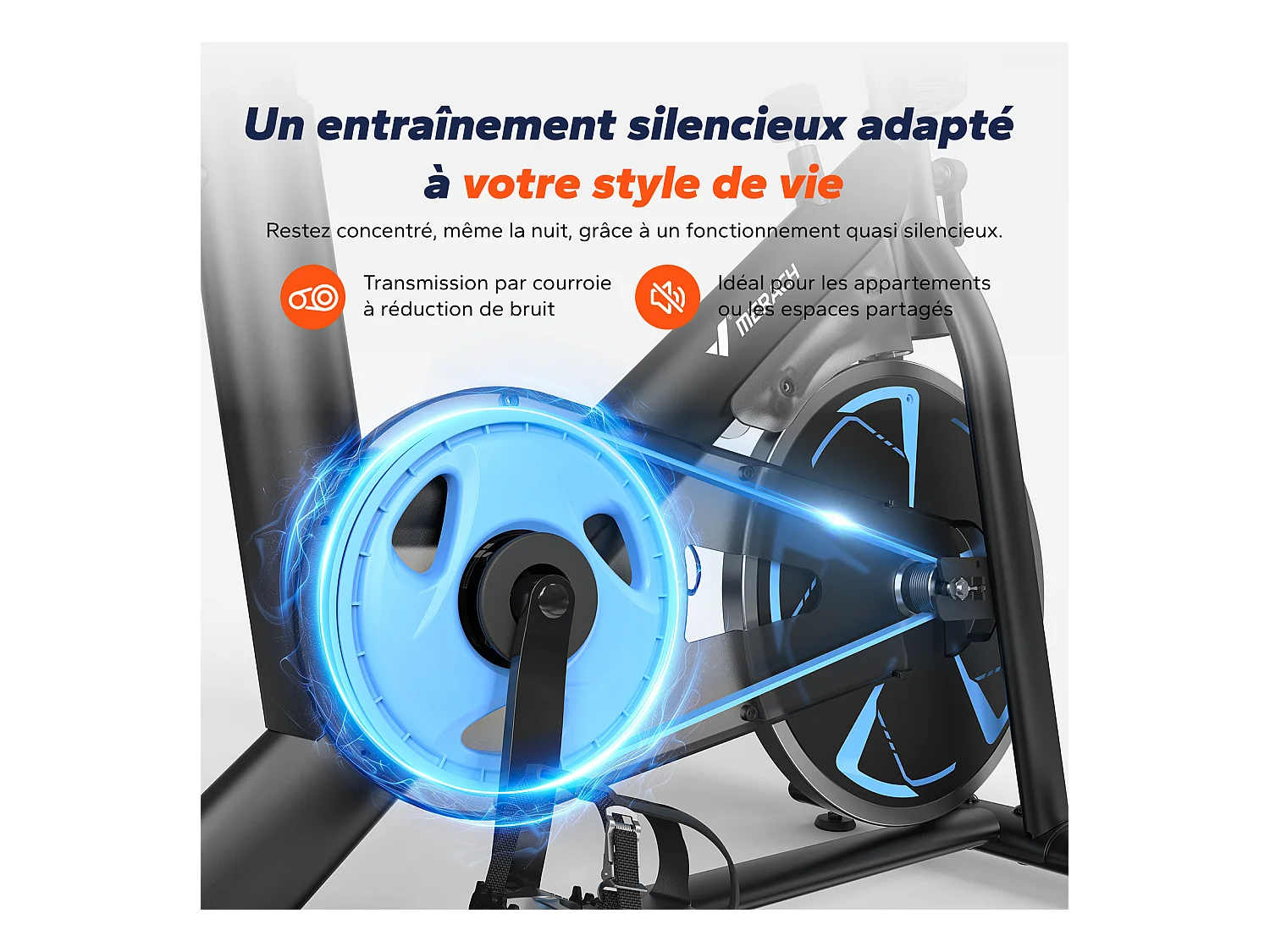 Vélo d'appartement magnétique MERACH, volant d'inertie 8 kg, résistance fluide 8 niveaux, APP connecté, écran LCD, charge 150 kg, silencieux