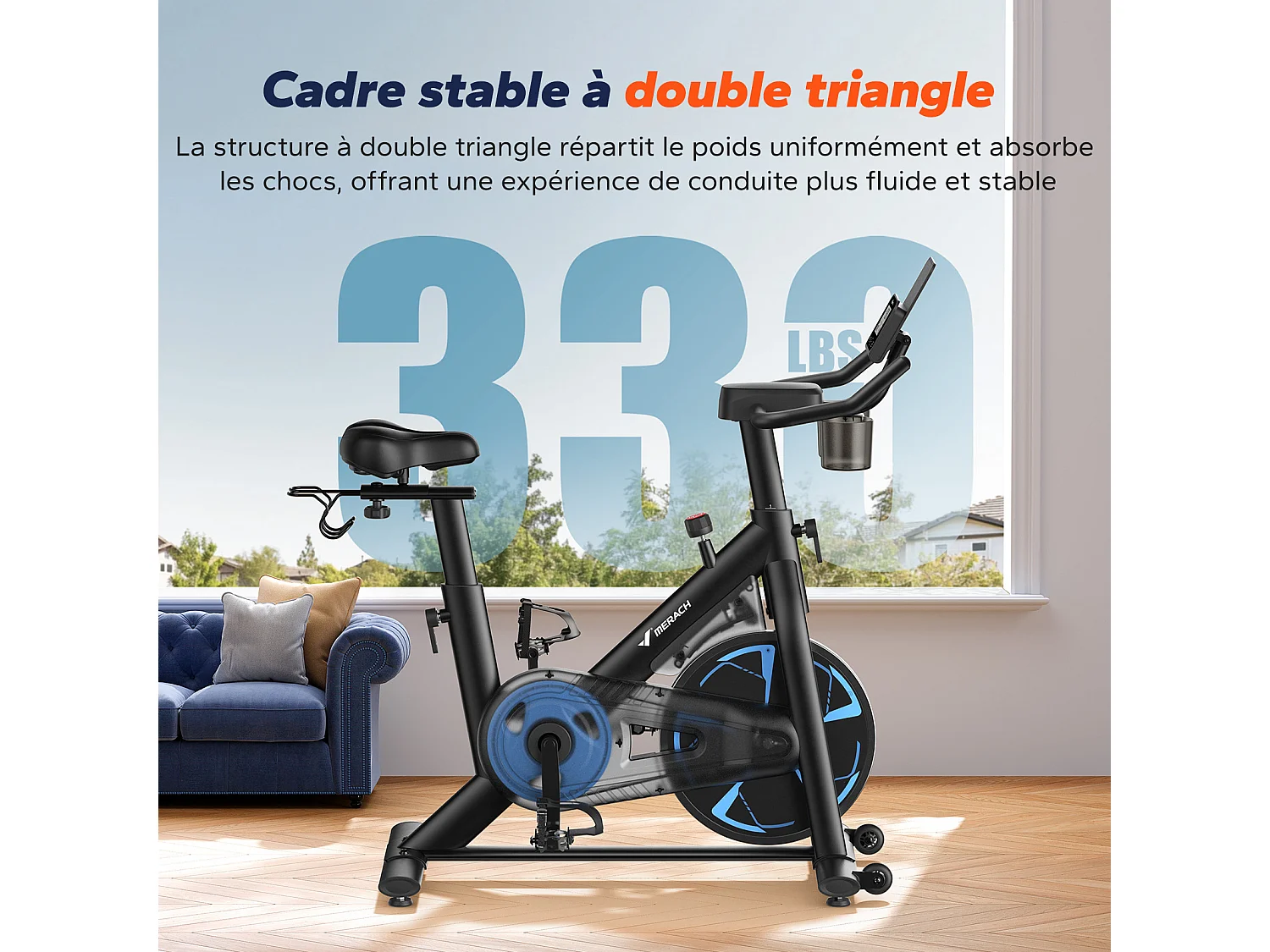 Vélo d'appartement magnétique MERACH, volant d'inertie 8 kg, résistance fluide 8 niveaux, APP connecté, écran LCD, charge 150 kg, silencieux