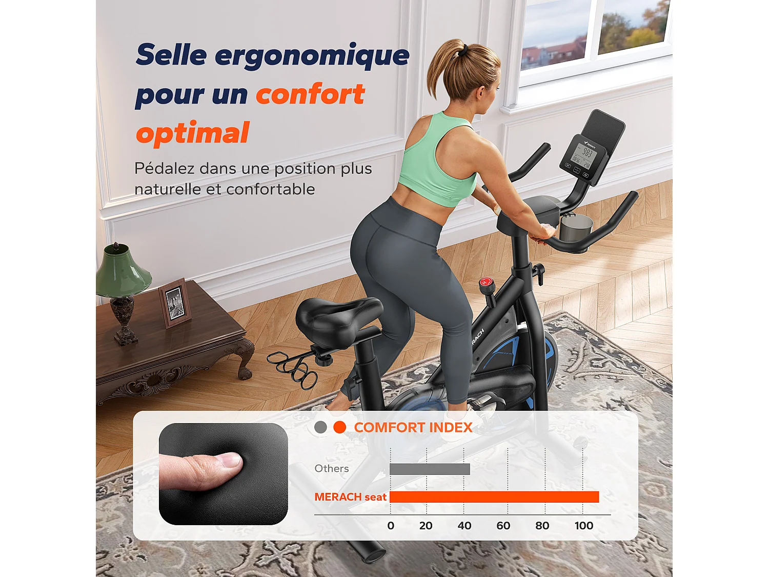 Vélo d'appartement magnétique MERACH, volant d'inertie 8 kg, résistance fluide 8 niveaux, APP connecté, écran LCD, charge 150 kg, silencieux