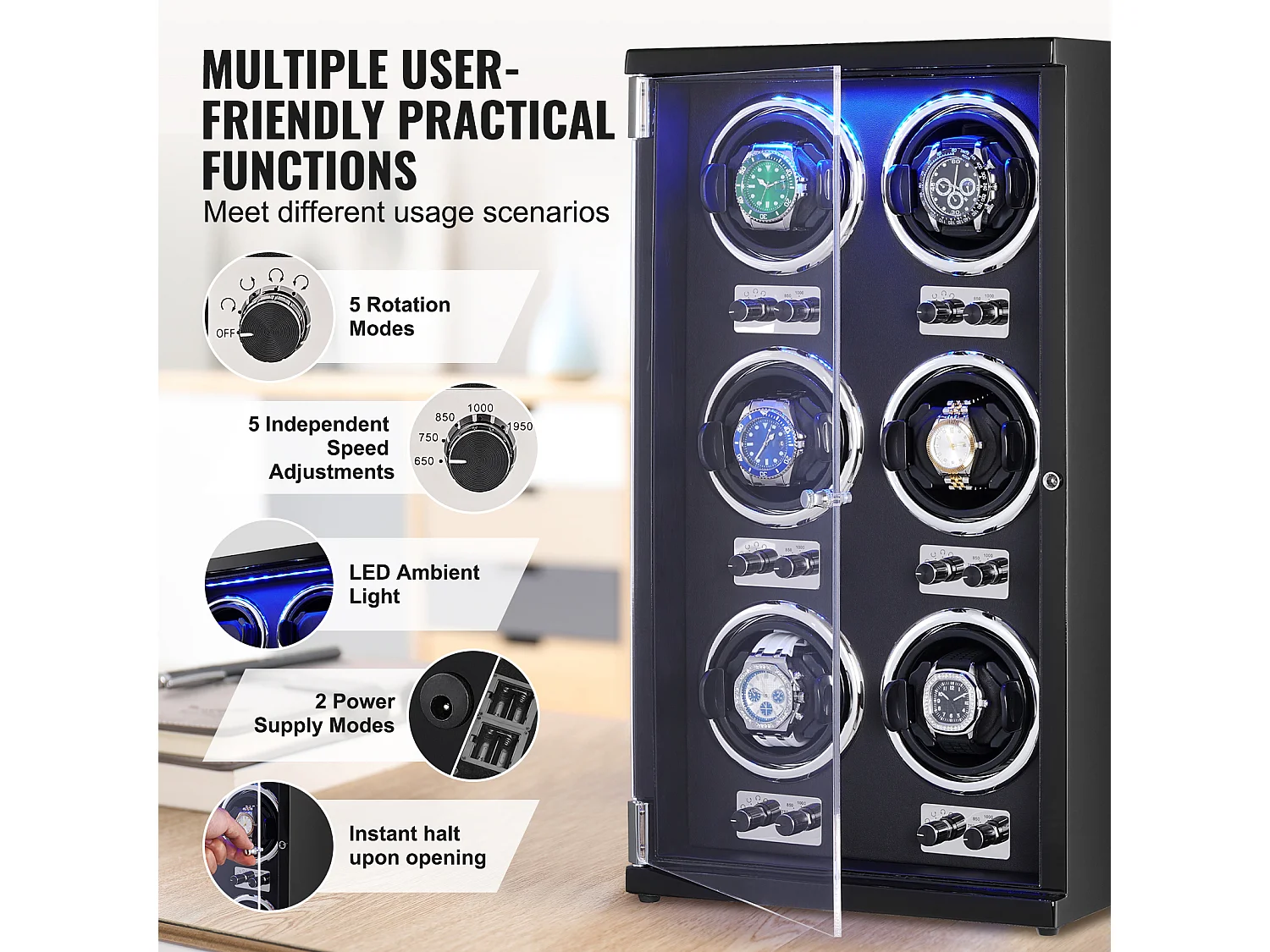 Remontoir Montre Automatique SucceBuy, pour 6 Montres Automatiques avec 6 Moteurs Japonais Silencieux