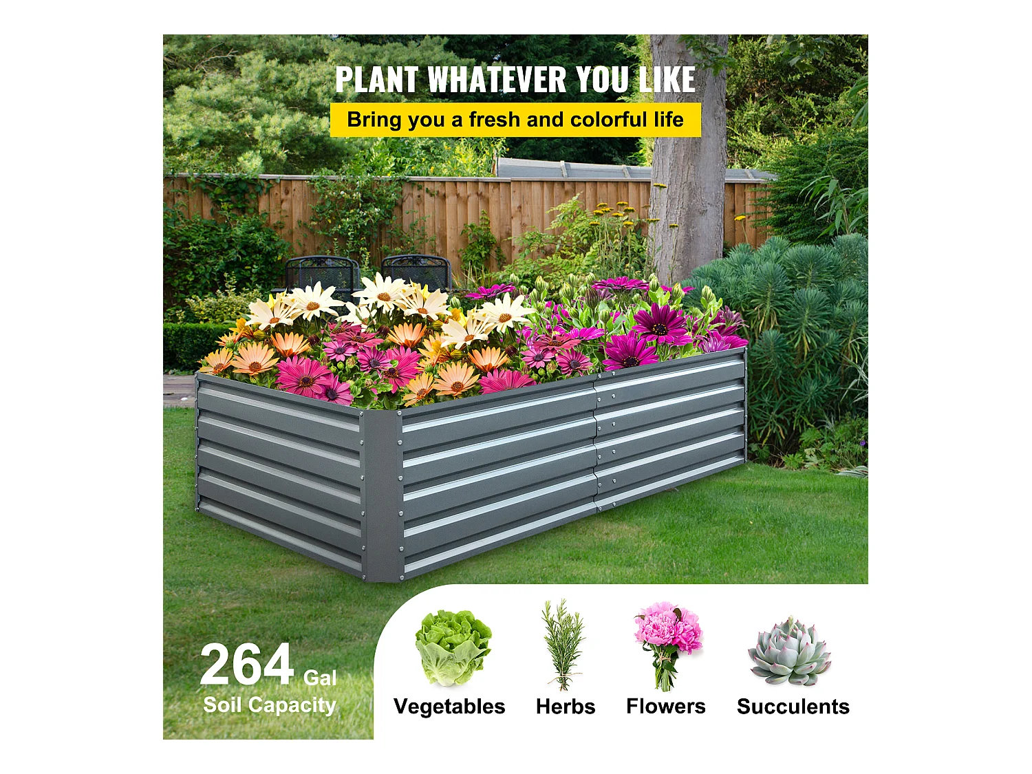 Jardinière Surélevée en Métal SucceBuy, Galvanisé pour Plantes, 203x102x48 cm, pour Cultiver Légumes, Fruits, Plantes Succulentes