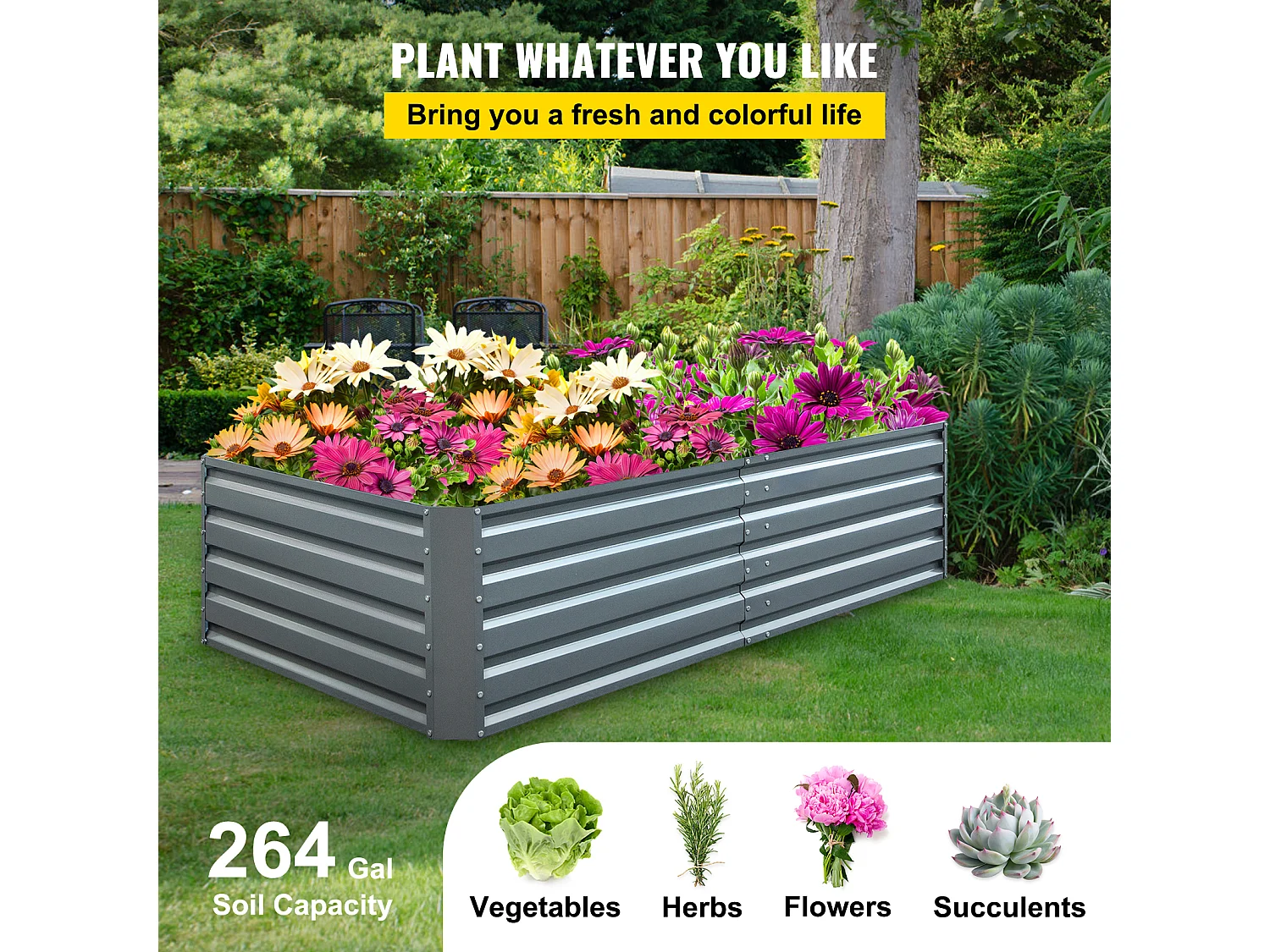 Jardinière Surélevée en Métal SucceBuy, Galvanisé pour Plantes, 203x102x48 cm, pour Cultiver Légumes, Fruits, Plantes Succulentes