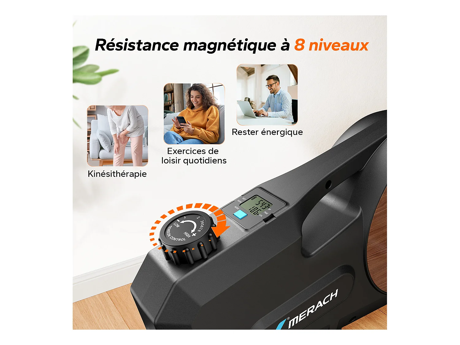 Pédalier d'appartement Merach, 8 niveaux, magnétique manuel, écran LCD, compact noir, ultra-silencieux <20 dB, bureau/maison