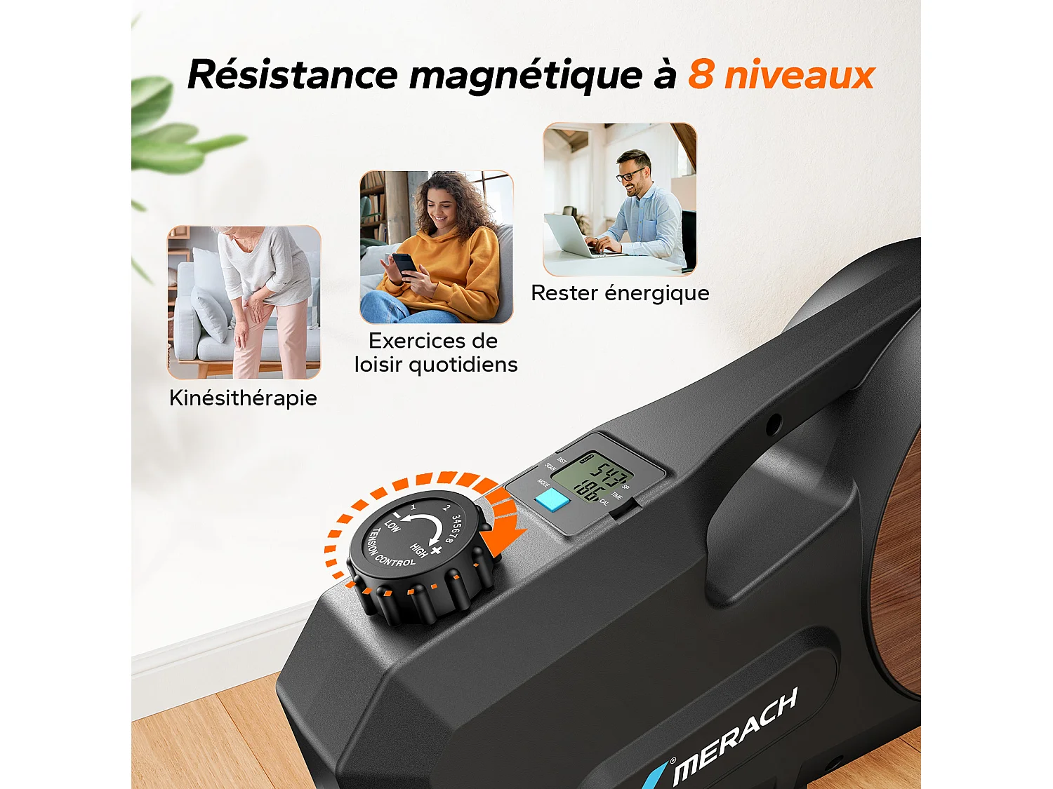 Pédalier d'appartement Merach, 8 niveaux, magnétique manuel, écran LCD, compact noir, ultra-silencieux <20 dB, bureau/maison