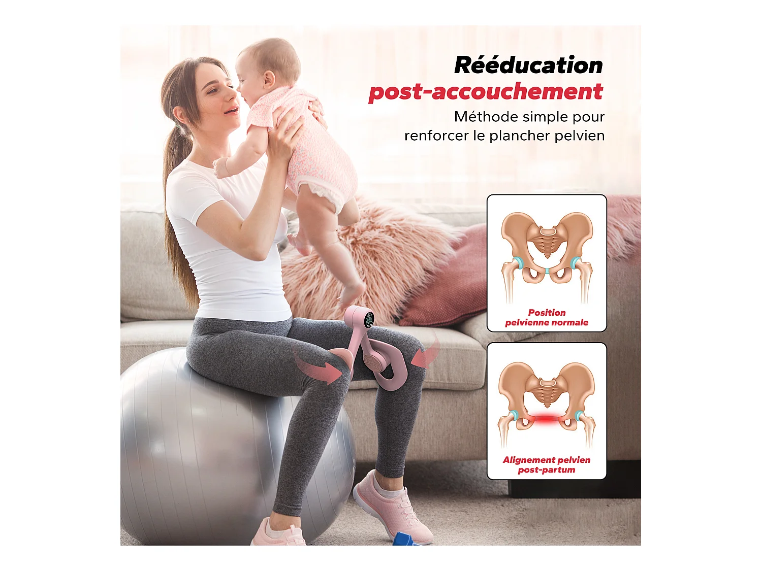 LEG TRAINER MERACH, Appareil cuisses adducteurs pectoraux 360° avec compteur, renforcement pelvien, post-accouchement, Portable Rose