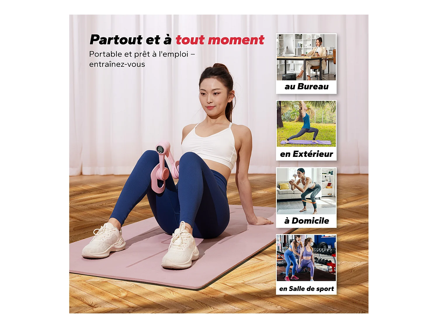 LEG TRAINER MERACH, Appareil cuisses adducteurs pectoraux 360° avec compteur, renforcement pelvien, post-accouchement, Portable Rose
