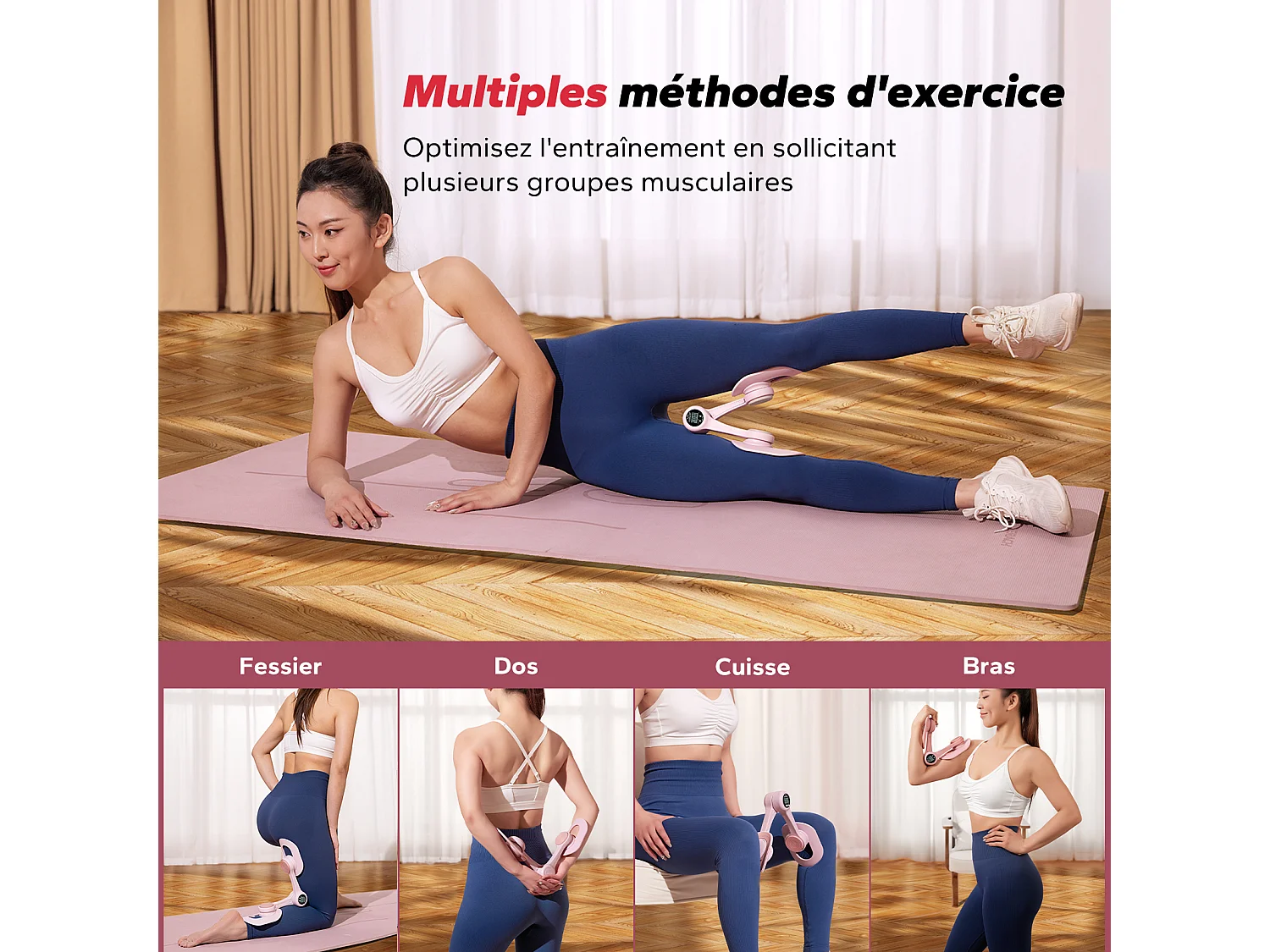 LEG TRAINER MERACH, Appareil cuisses adducteurs pectoraux 360° avec compteur, renforcement pelvien, post-accouchement, Portable Rose