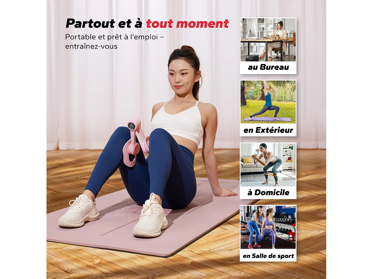 LEG TRAINER MERACH, Appareil cuisses adducteurs pectoraux 360° avec compteur, renforcement pelvien, post-accouchement, Portable Rose