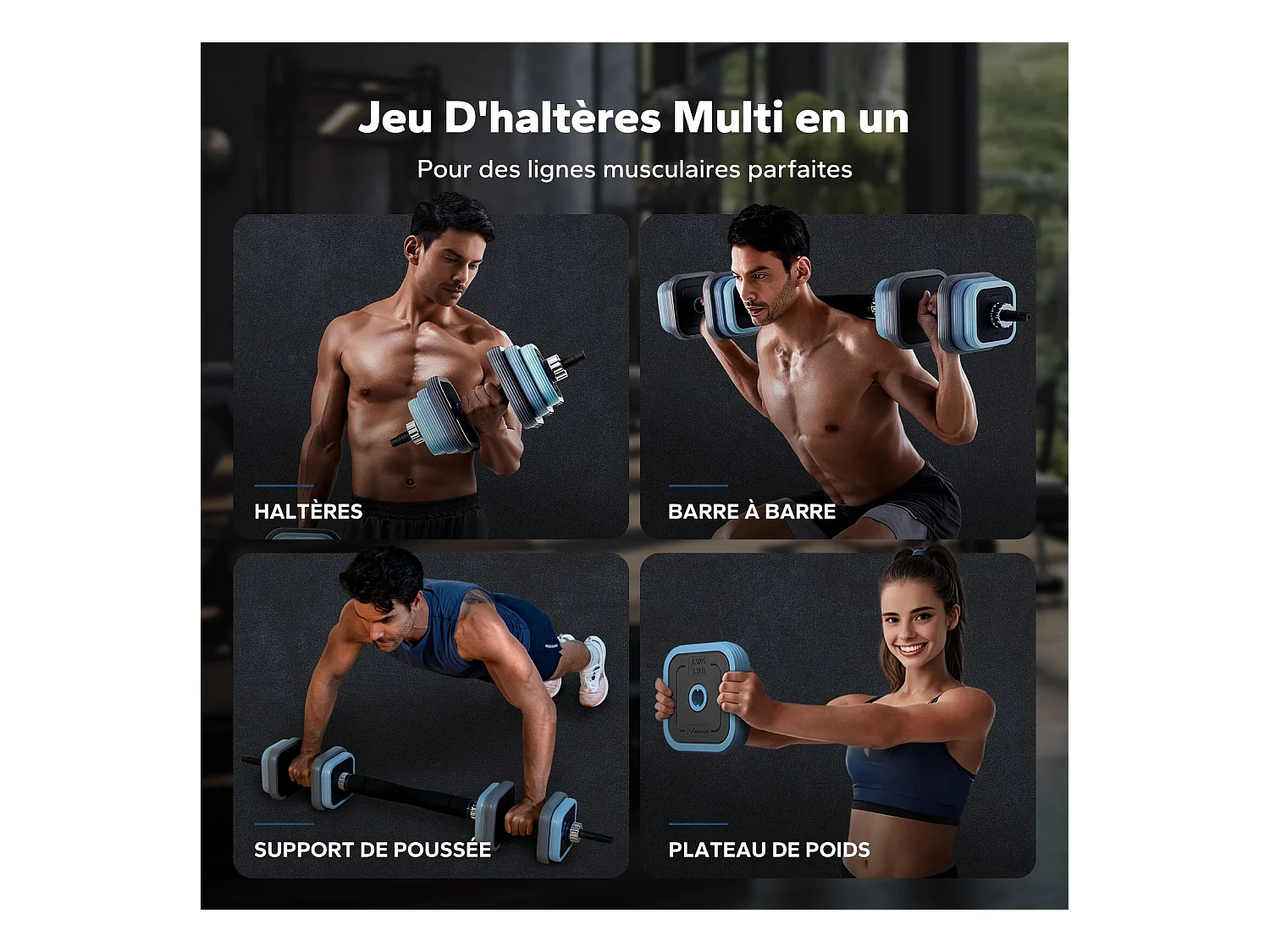 Haltères 16 kg réglables 4 en 1 MERACH, Antidérapants, silencieux, avec barres et support de poussée, Pour musculation à domicile