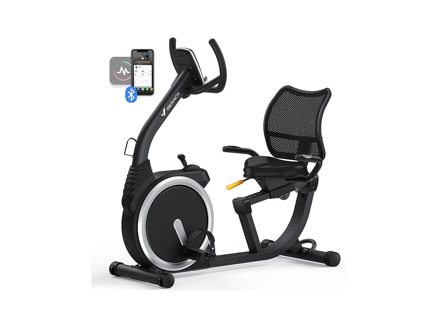 Vélo d'appartement Semi-allongé MERACH, 8 niveaux de résistance Magnétique, Foulée 15.2 cm, écran LED, APP connecté, poids max 135kg