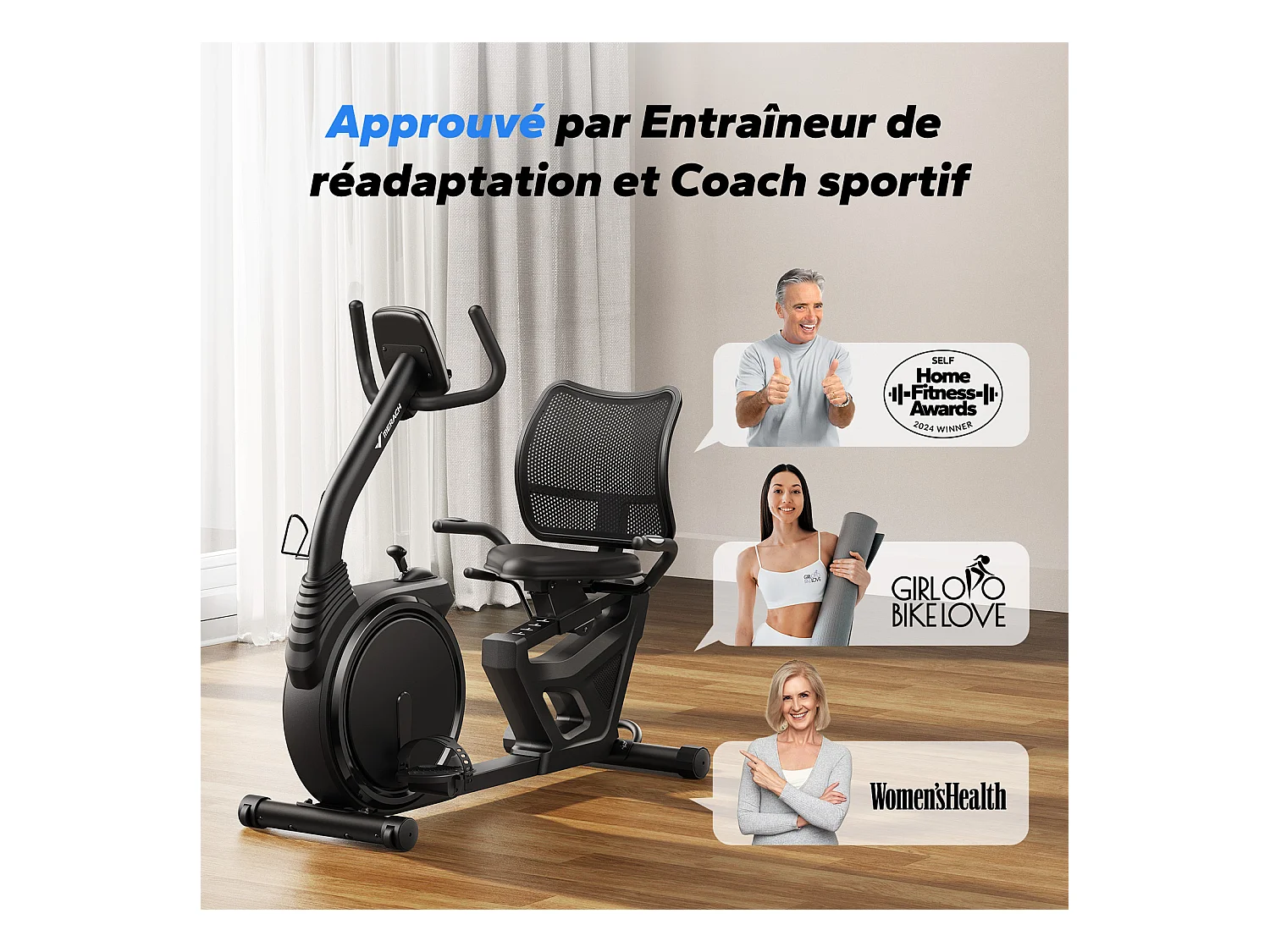 Vélo d'appartement Semi-allongé MERACH, 8 niveaux de résistance Magnétique, Foulée 15.2 cm, écran LED, APP connecté, poids max 135kg