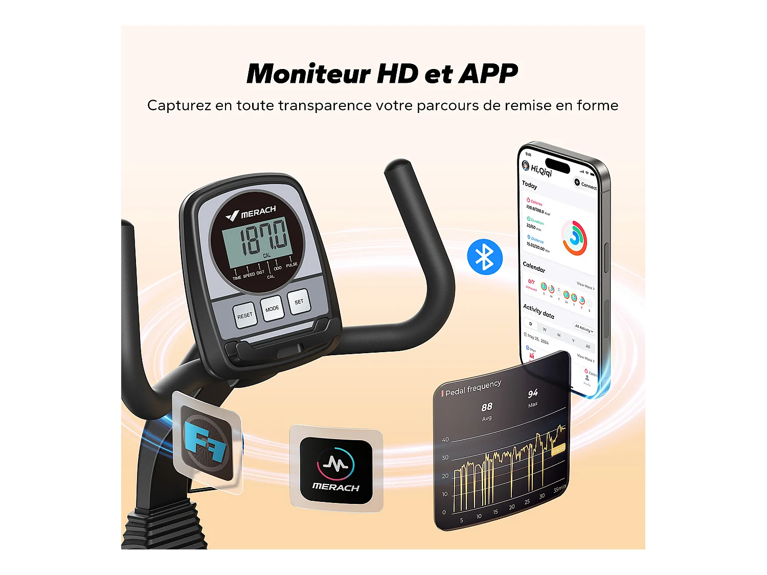 Vélo d'appartement Semi-allongé MERACH, 8 niveaux de résistance Magnétique, Foulée 15.2 cm, écran LED, APP connecté, poids max 135kg