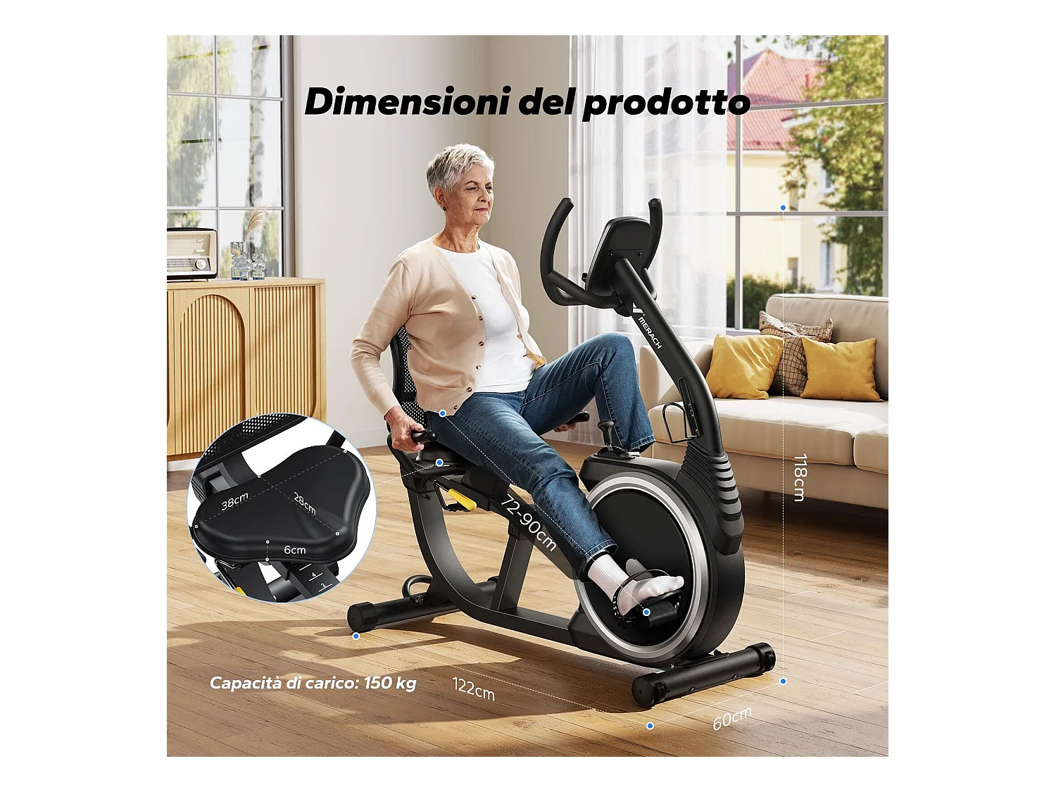 Vélo d'appartement Semi-allongé MERACH, 8 niveaux de résistance Magnétique, Foulée 15.2 cm, écran LED, APP connecté, poids max 135kg