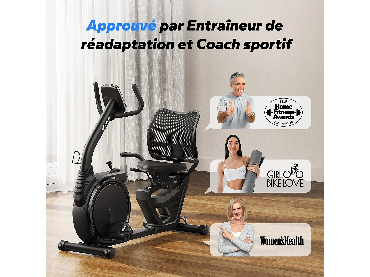 Vélo d'appartement Semi-allongé MERACH, 8 niveaux de résistance Magnétique, Foulée 15.2 cm, écran LED, APP connecté, poids max 135kg