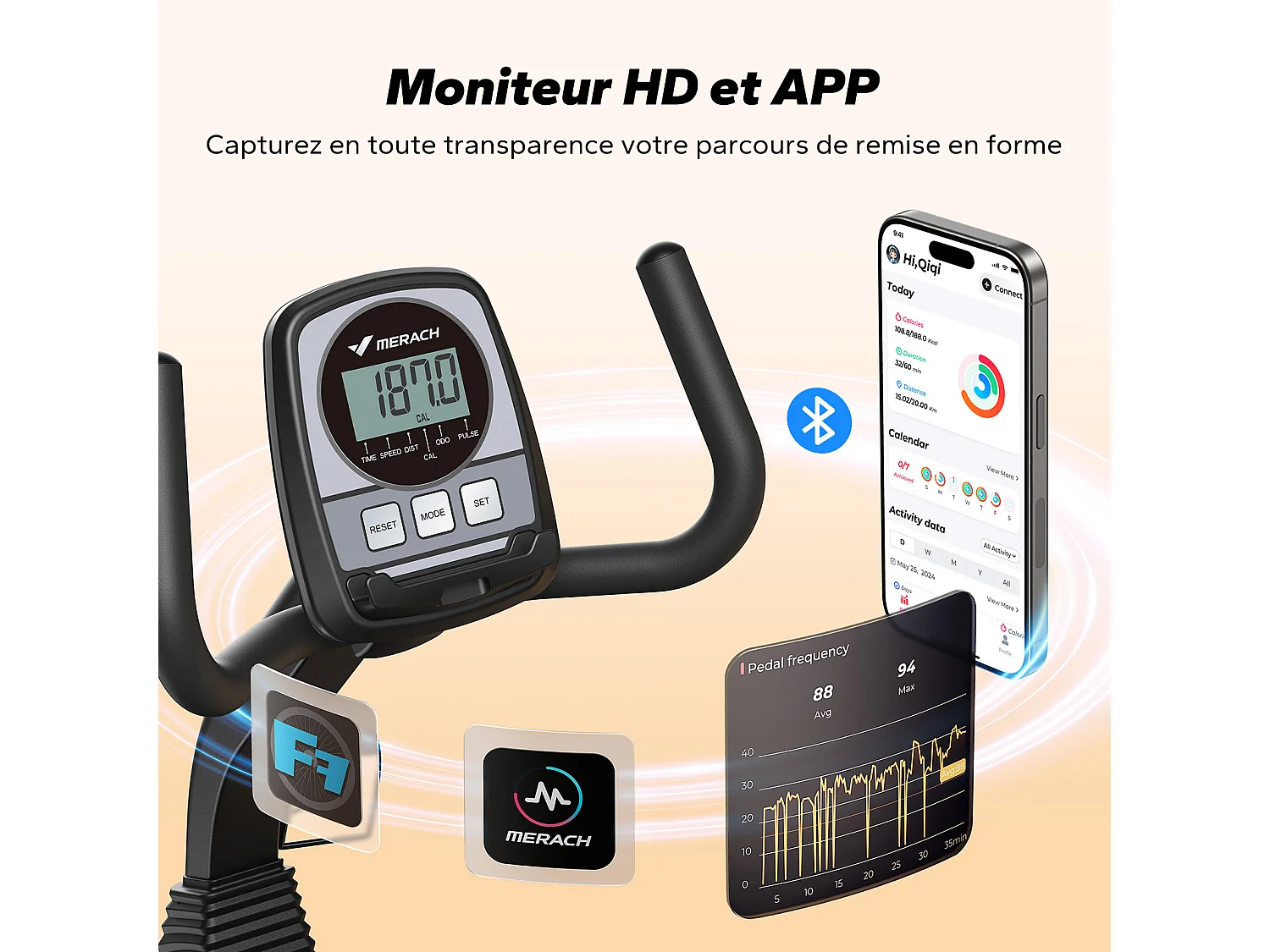 Vélo d'appartement Semi-allongé MERACH, 8 niveaux de résistance Magnétique, Foulée 15.2 cm, écran LED, APP connecté, poids max 135kg