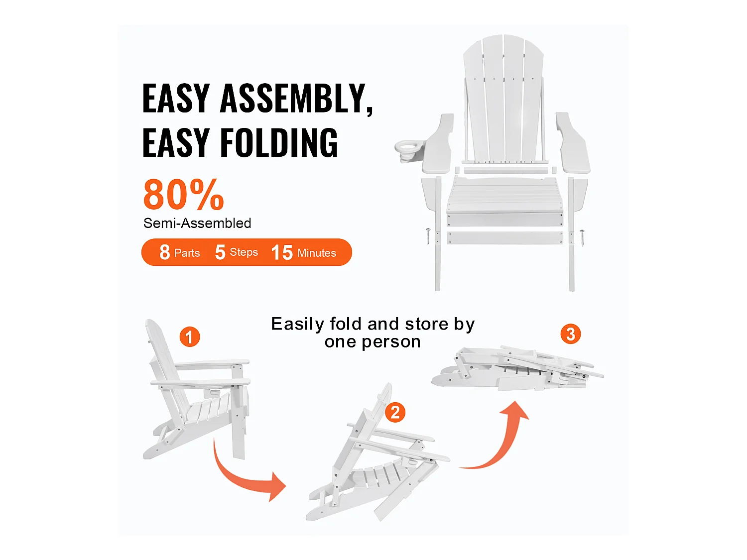 Ensemble de Chaise Adirondack SucceBuy, Lot de 2, Pliage en Plastique, Tout Temps, Foyer, Blanc