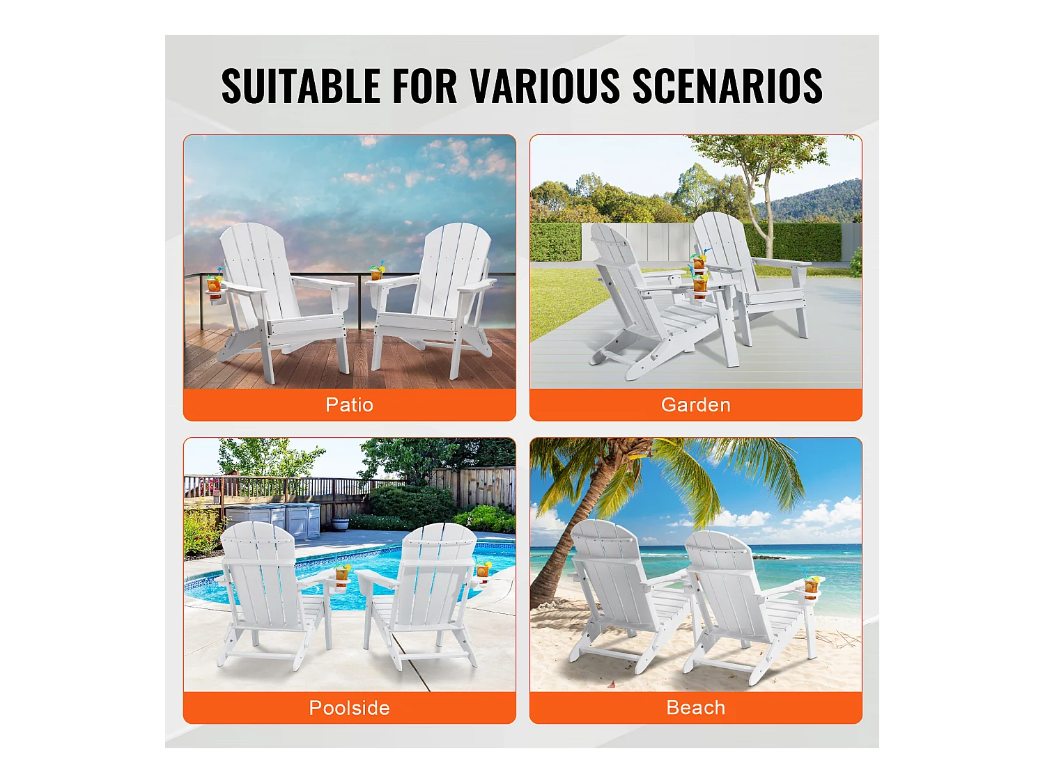 Ensemble de Chaise Adirondack SucceBuy, Lot de 2, Pliage en Plastique, Tout Temps, Foyer, Blanc