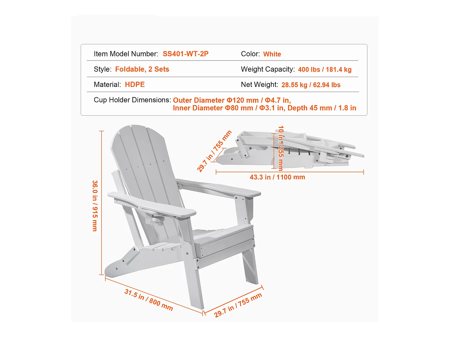 Conjunto de Sillas Adirondack SucceBuy, Lote de 2, Plegables de Plástico, Todo Tiempo, Hoguera, Blanco