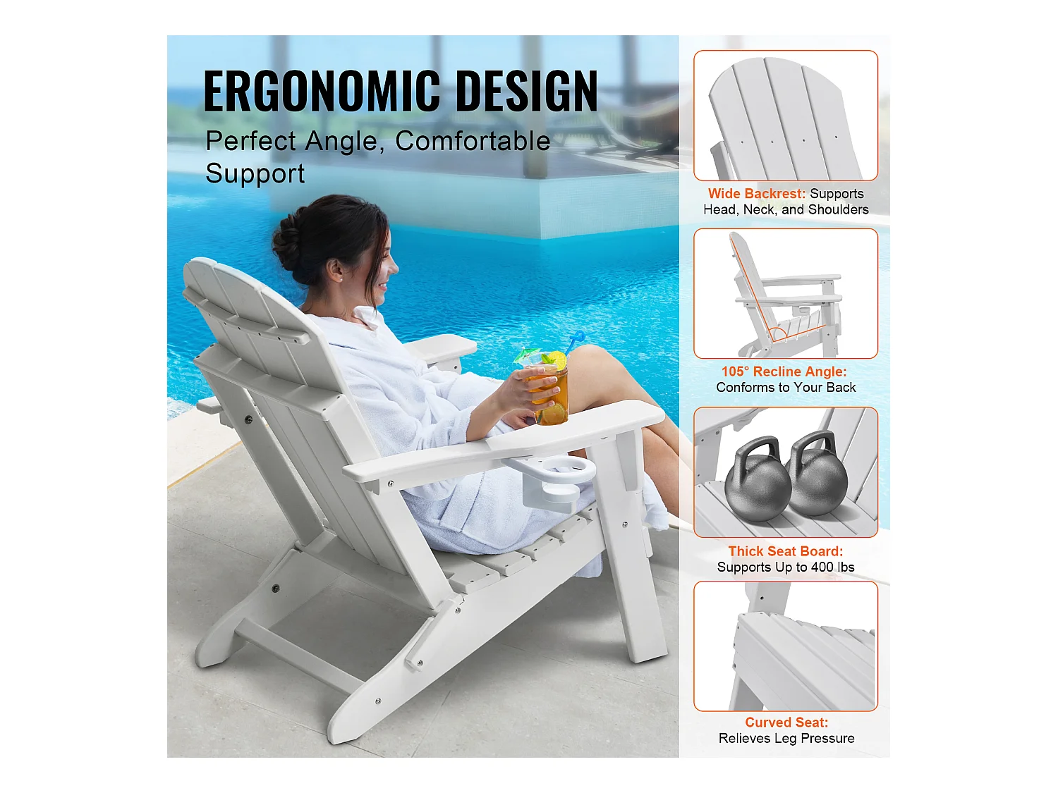 Conjunto de Sillas Adirondack SucceBuy, Lote de 2, Plegables de Plástico, Todo Tiempo, Hoguera, Blanco