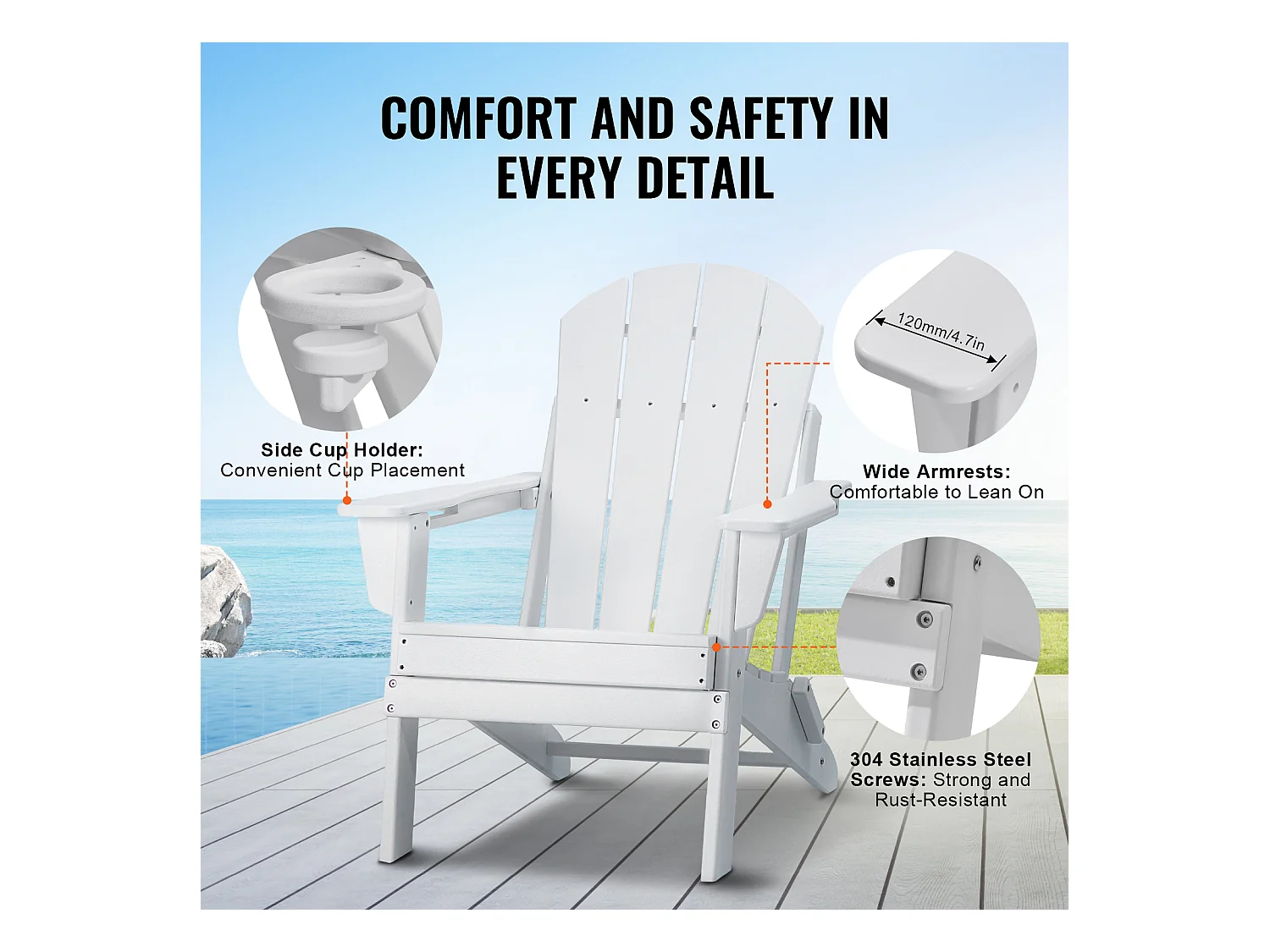 Conjunto de Sillas Adirondack SucceBuy, Lote de 2, Plegables de Plástico, Todo Tiempo, Hoguera, Blanco